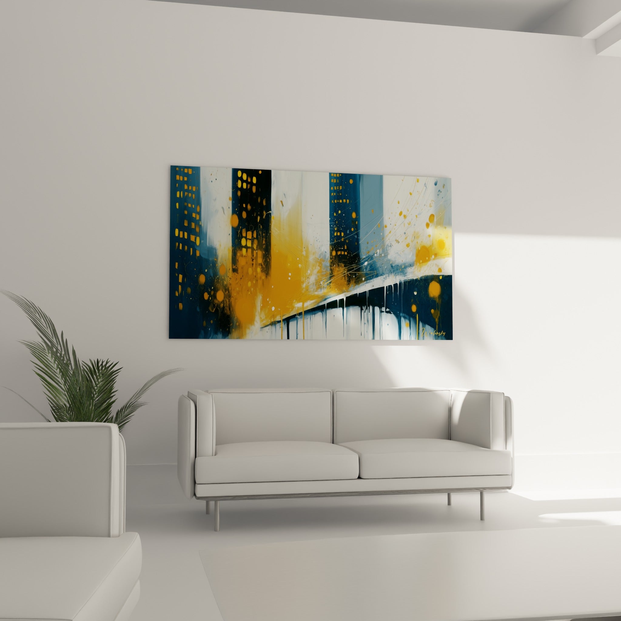 Skyline dorée et bleu marine aux coulures blanches accrochée au-dessus d'un canapé dans un salon lumineux