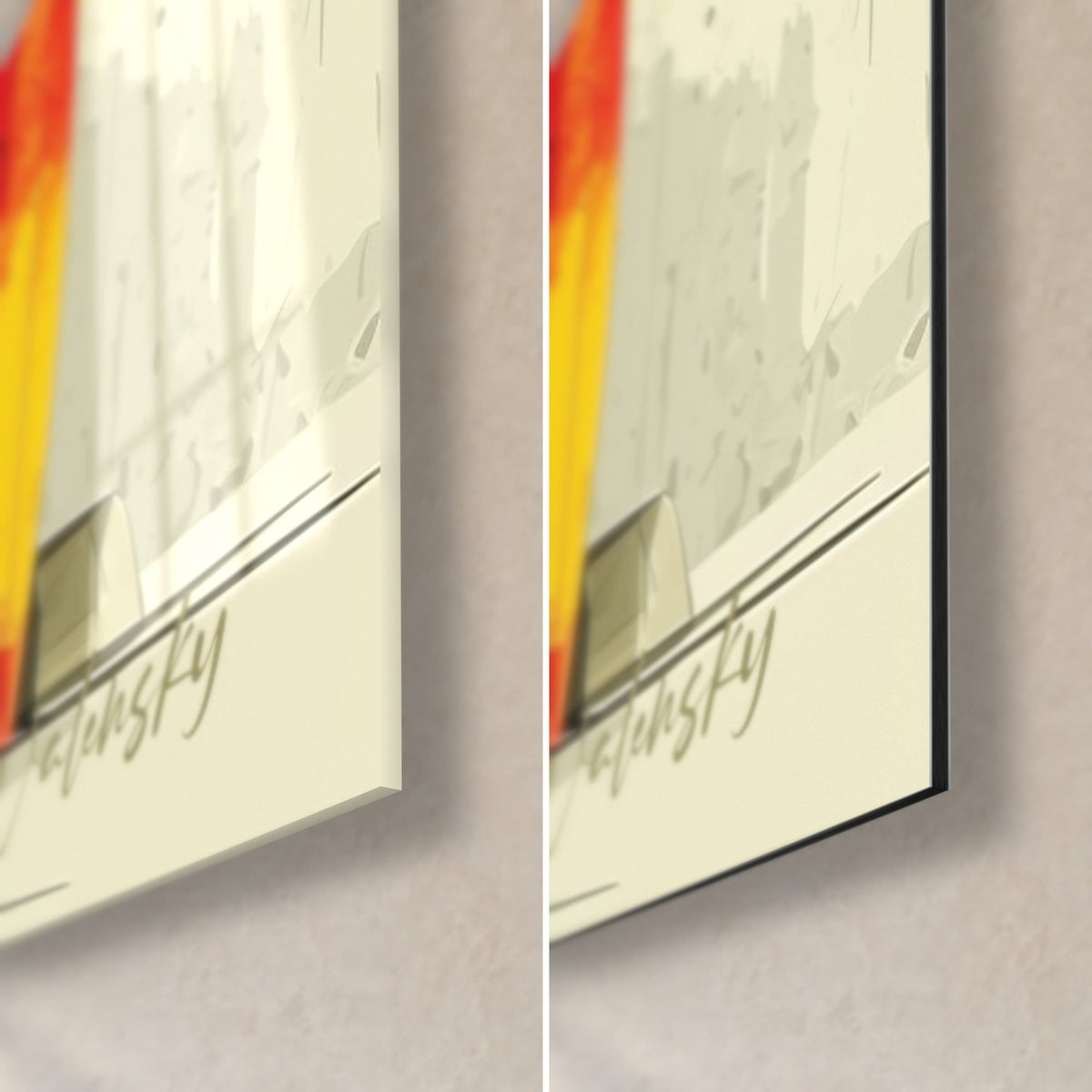 Tableau gratte-ciel rouge et jaune, coin bas droit : verre acrylique brillant à gauche, alu Dibond noir mat à droite, tranche de 3 mm