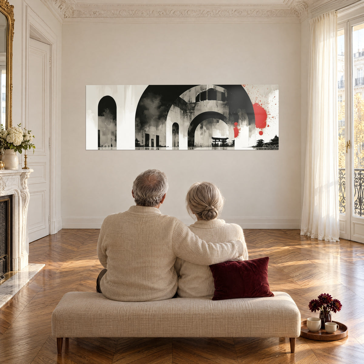 Cuadro Galería de arcos negros surcados de regueros, salpicaduras rojas, pareja mayor sentada de espaldas en un banco beige, salón blanco