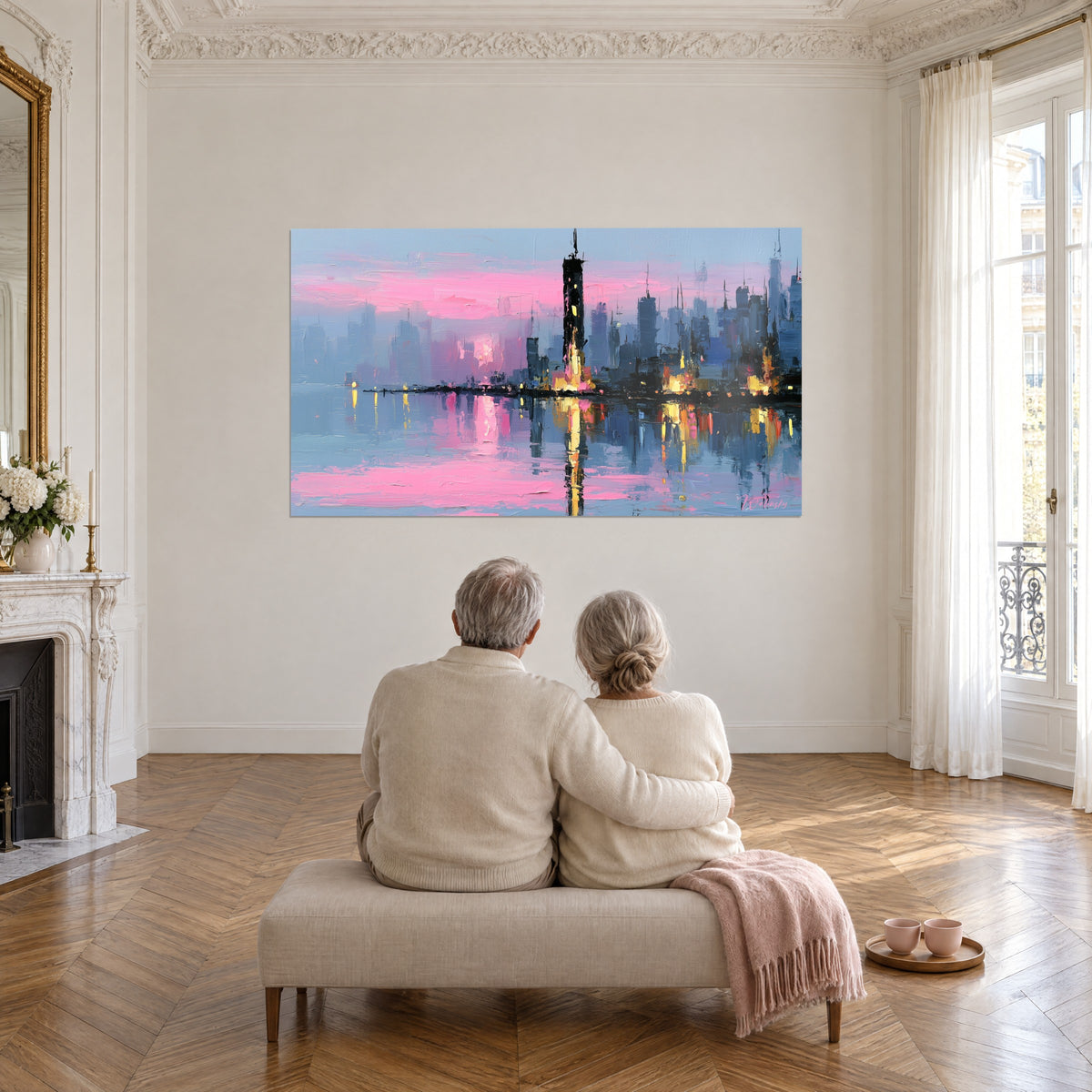 Wall art floating city in pink and blue haze, dark tower with golden windows, a couple seen from behind seated on a bench, Haussmann-style living room