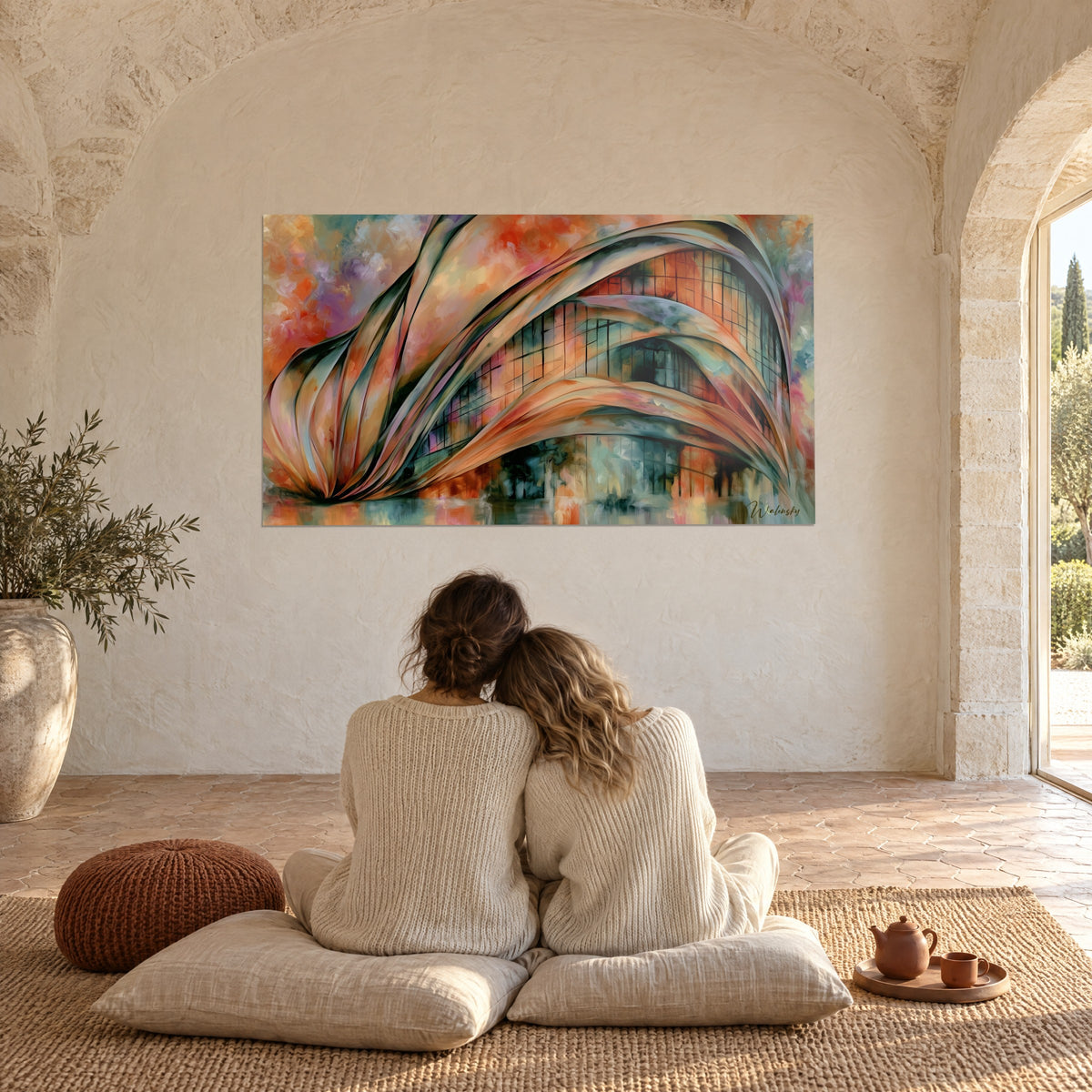 Tableau voûte de rubans cuivrés et bleu pétrole, couple enlacé de dos sur des coussins, pièce voûtée en pierre du mas provençal