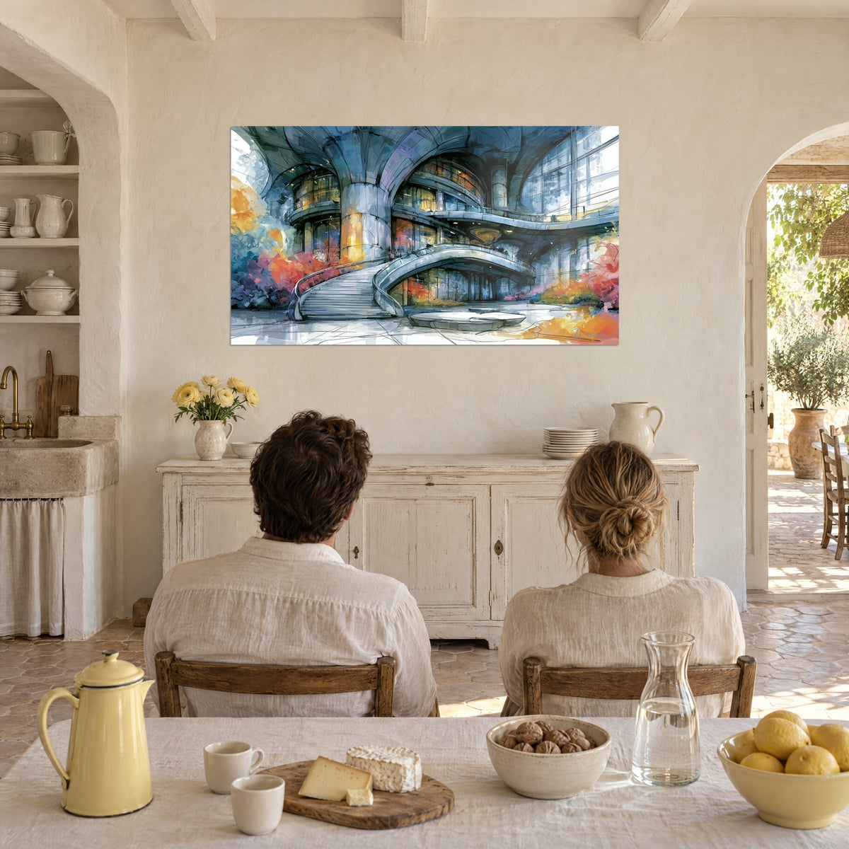 Wall art Glass rotunda sketched in ink, saffron yellow and midnight blue highlights, facing a couple seated at a table in a sunlit farmhouse
