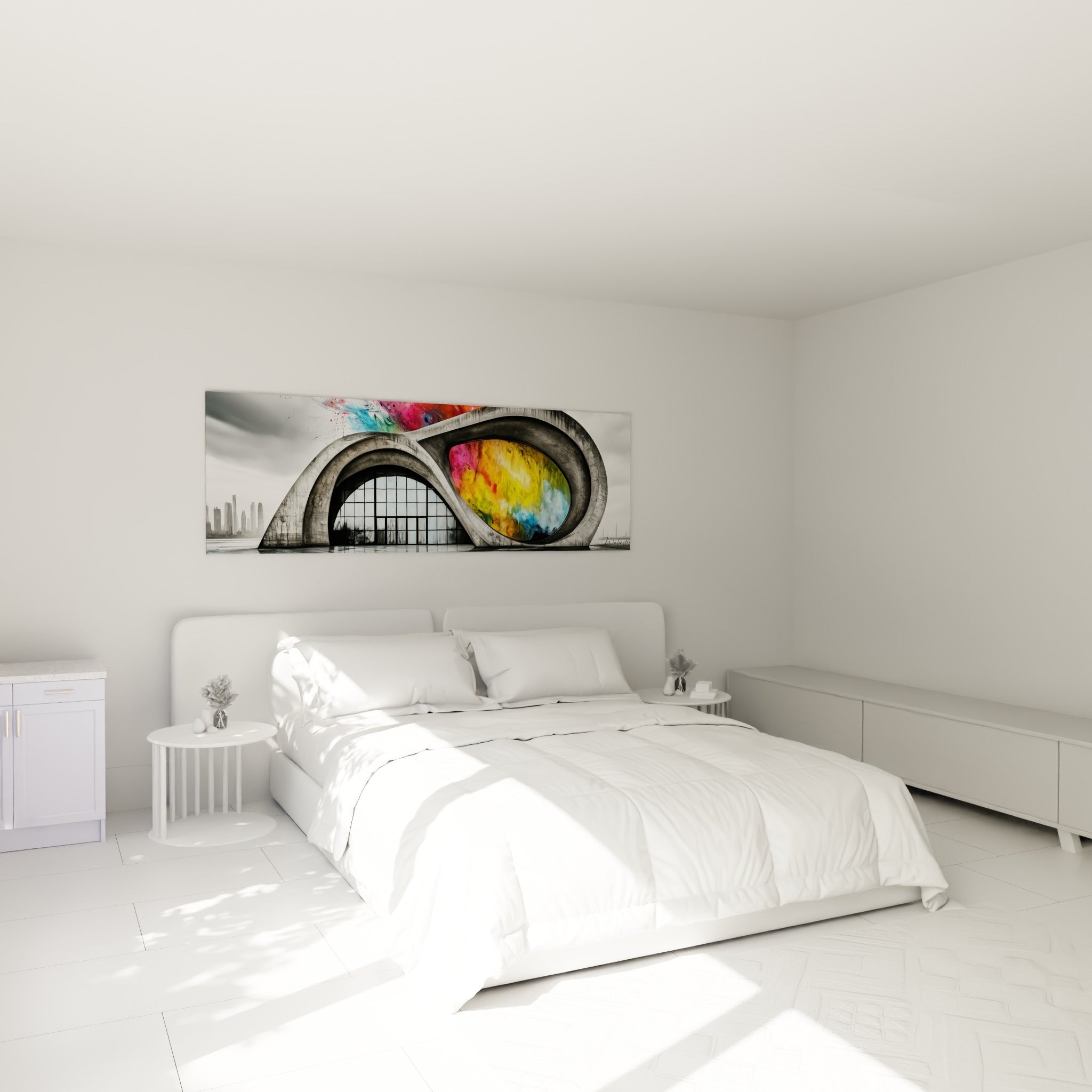 Structure incurvée en béton gris traversée de couleurs vives, accrochée au-dessus d'un lit dans une chambre claire