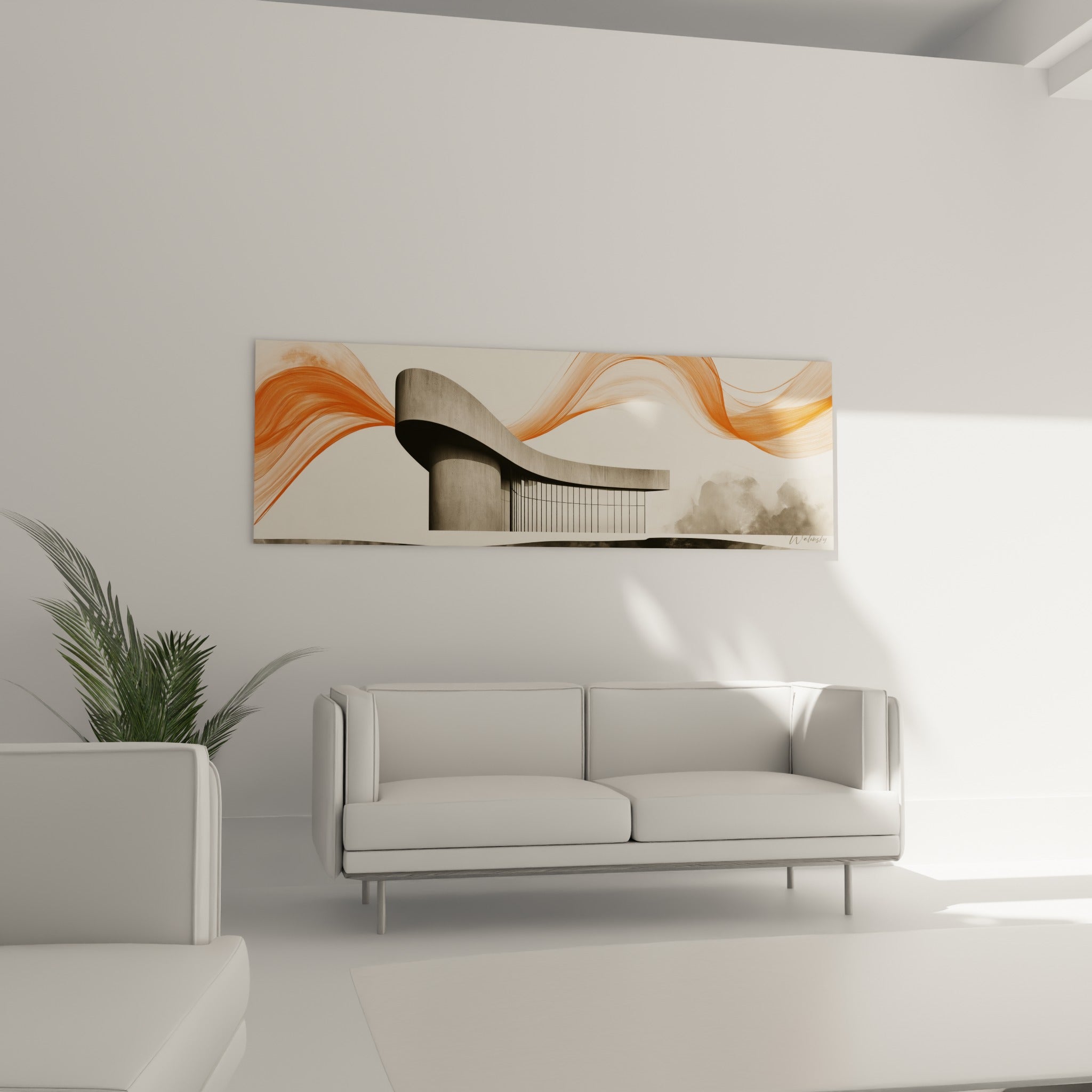 Structure courbe grise et traits orange fluides, tableau architecture abstrait au-dessus d'un canapé dans un salon lumineux