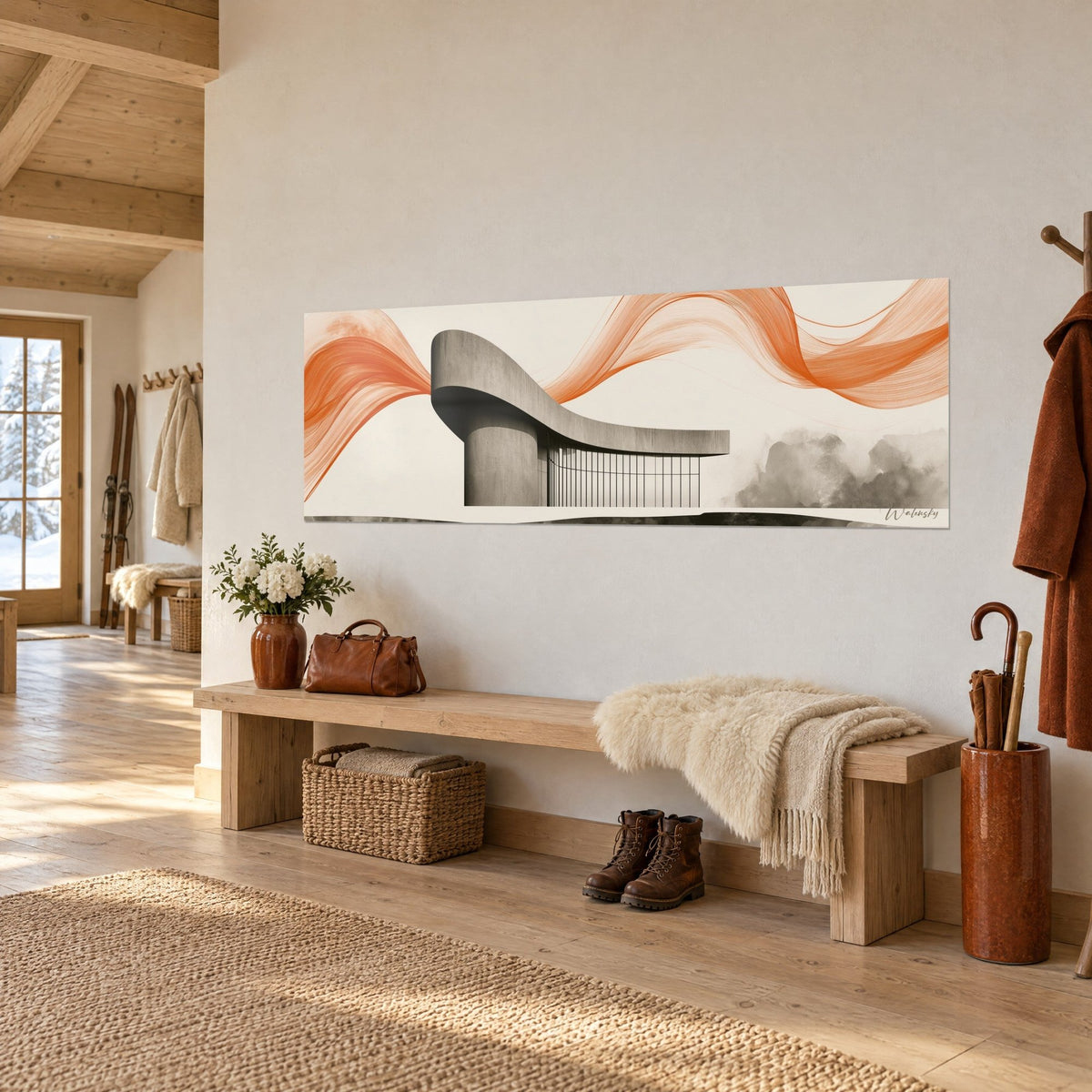 Quadro edificio brutalista con tetto ad arco, ciocche vermiglio fluttuanti e foschia grigia, su una parete bianca d'ingresso di chalet