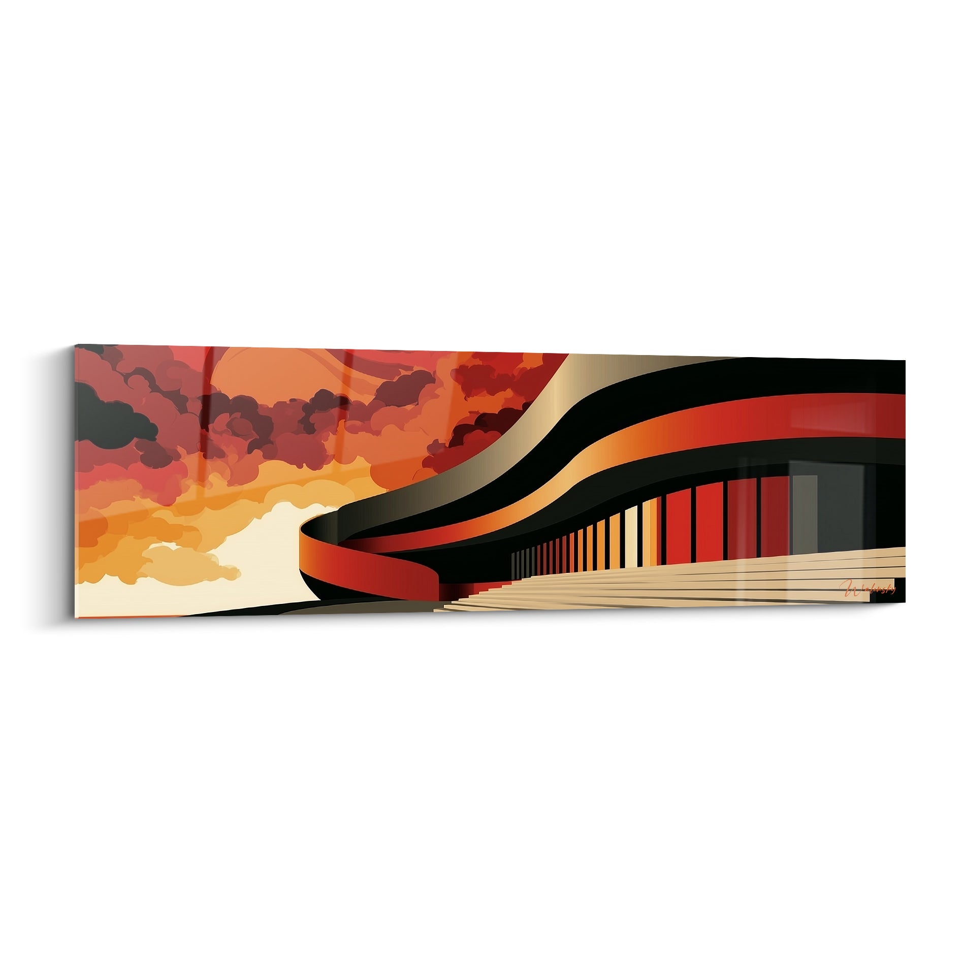 Architecture abstrait aux courbes noires et rouges se déployant sous un ciel orangé incandescent