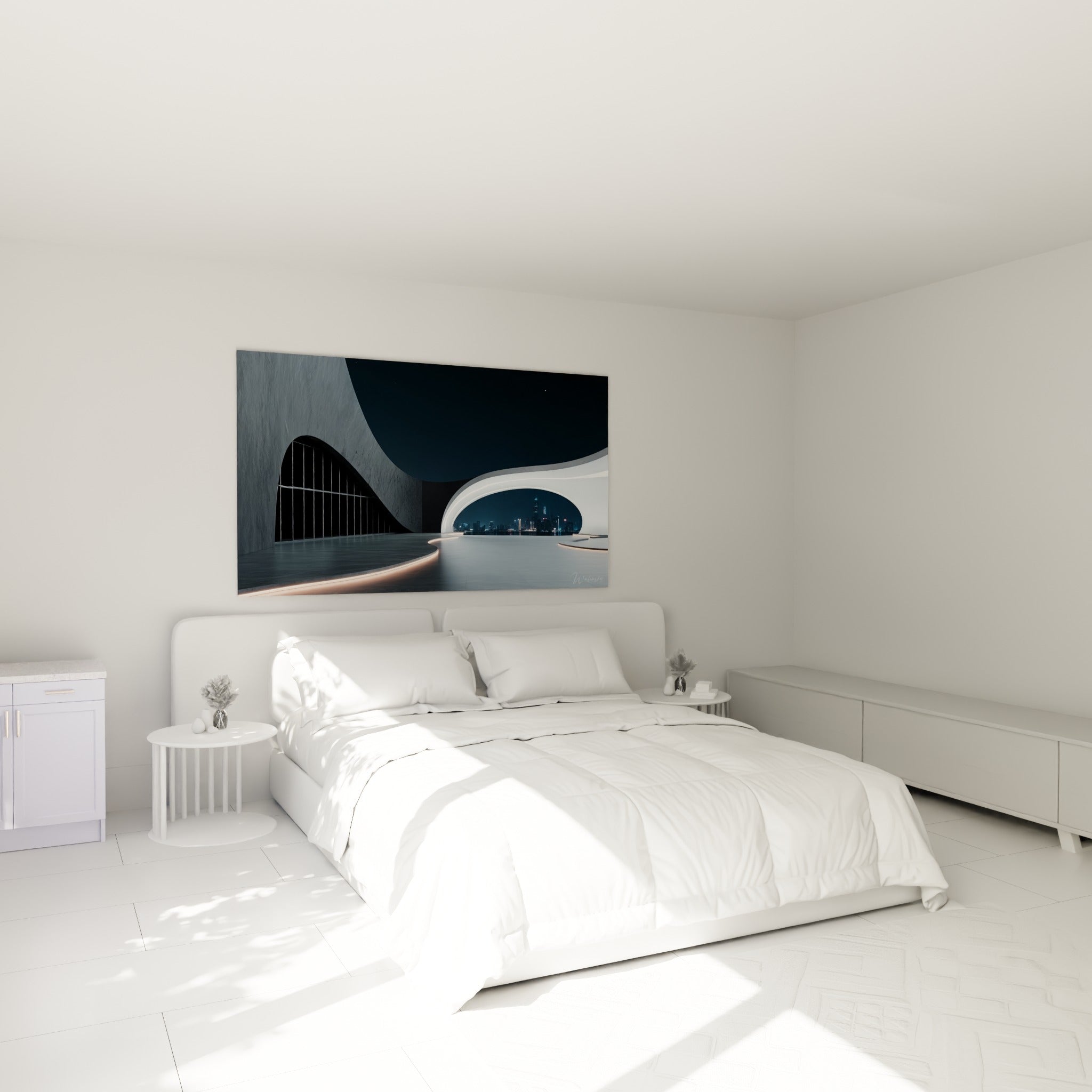 Structure futuriste blanche et bleu nuit d'Architecture abstrait au-dessus d'un lit dans une chambre claire