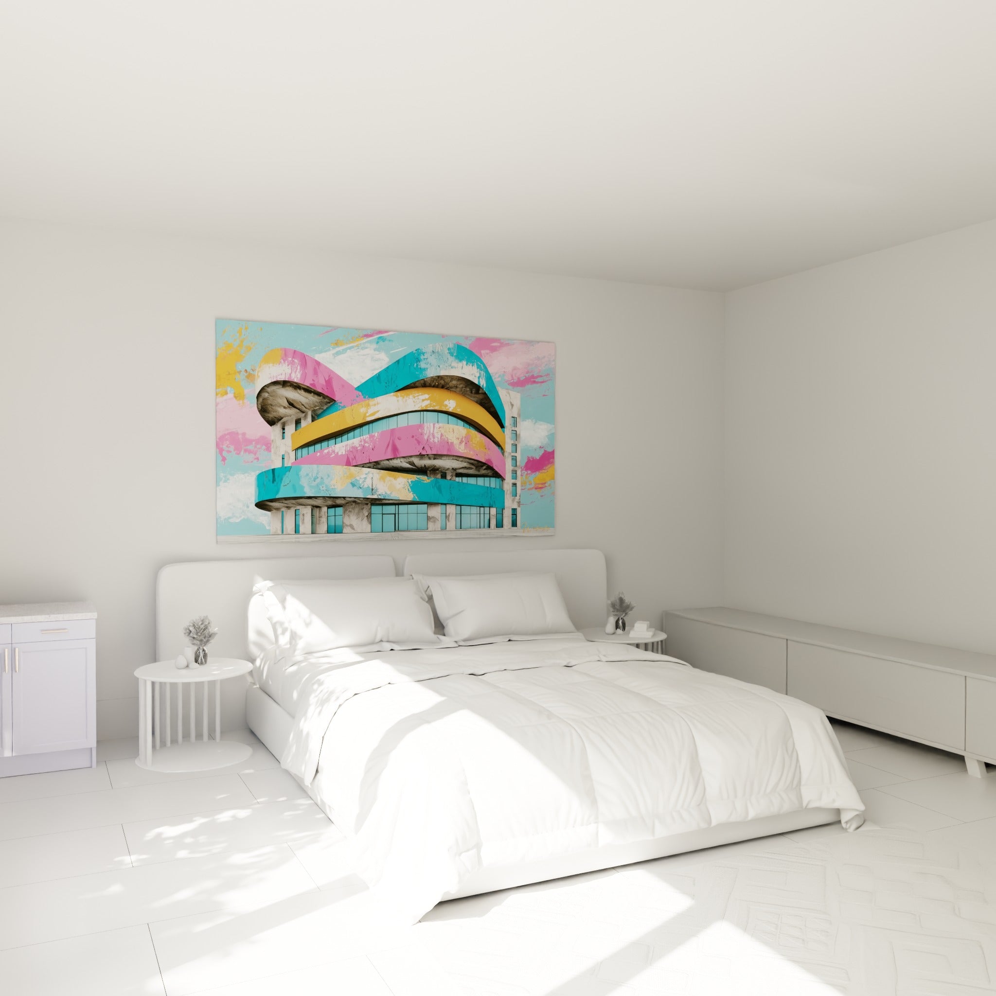 Immeuble ondulé turquoise et fuchsia, béton brut visible, accroché au-dessus d'un lit dans une chambre claire