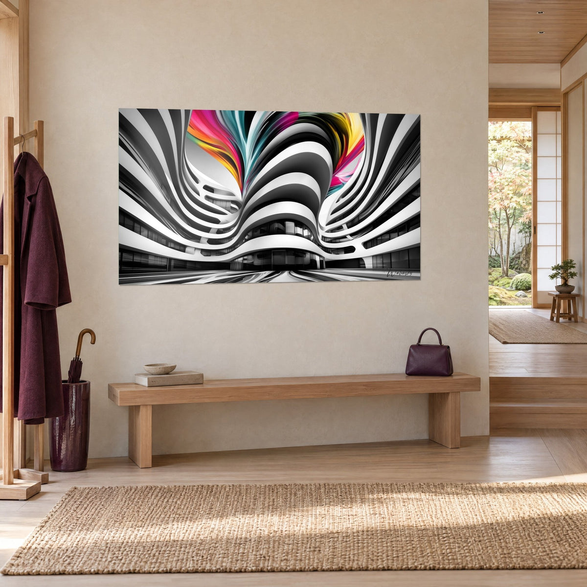 Tableau édifice courbe aux spirales monochromes, éclats jaune et magenta jaillissant du centre, sur un mur beige près d'un banc en bois