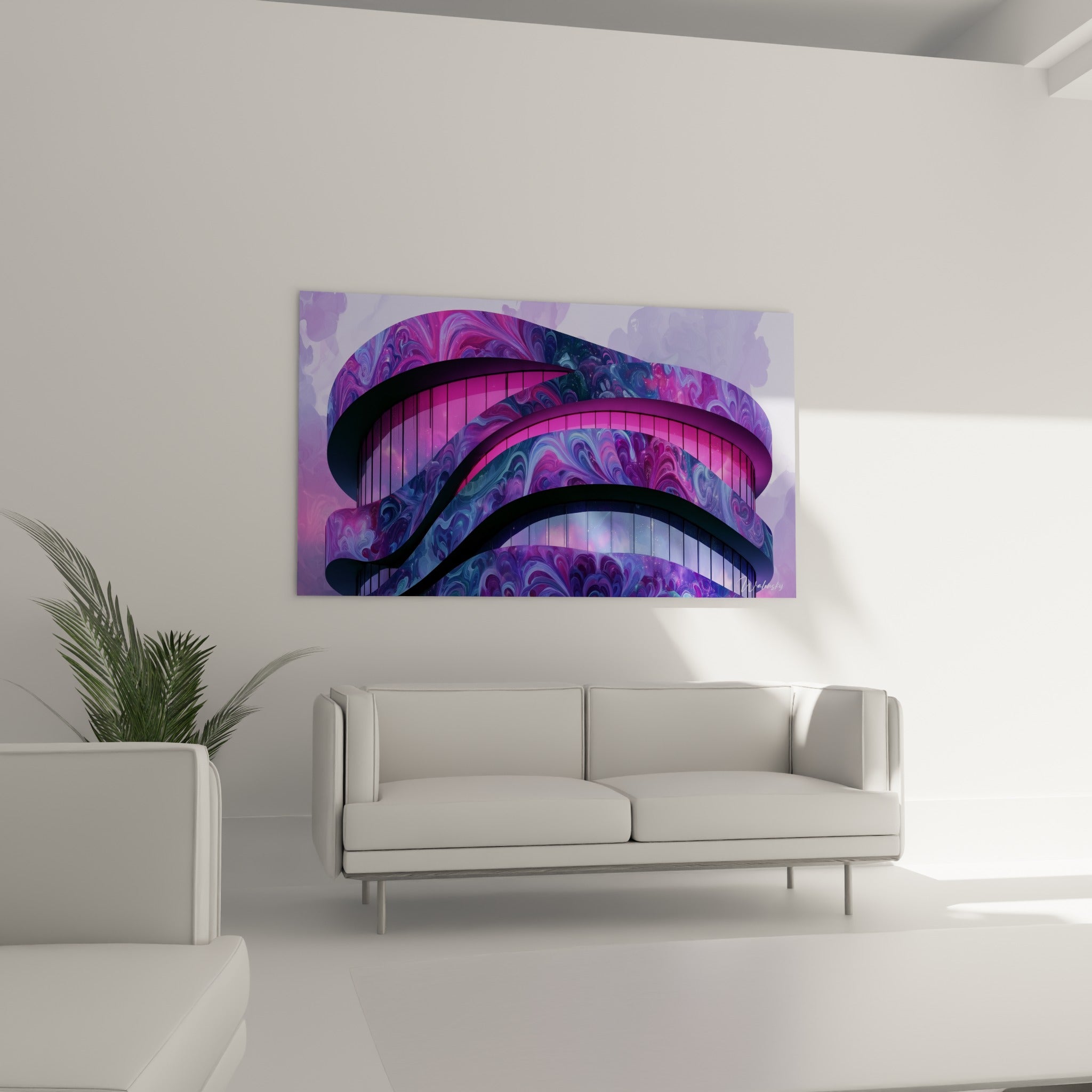 Immeuble spiralé aux teintes fauves et bleu marine placé au-dessus d'un canapé dans un salon lumineux