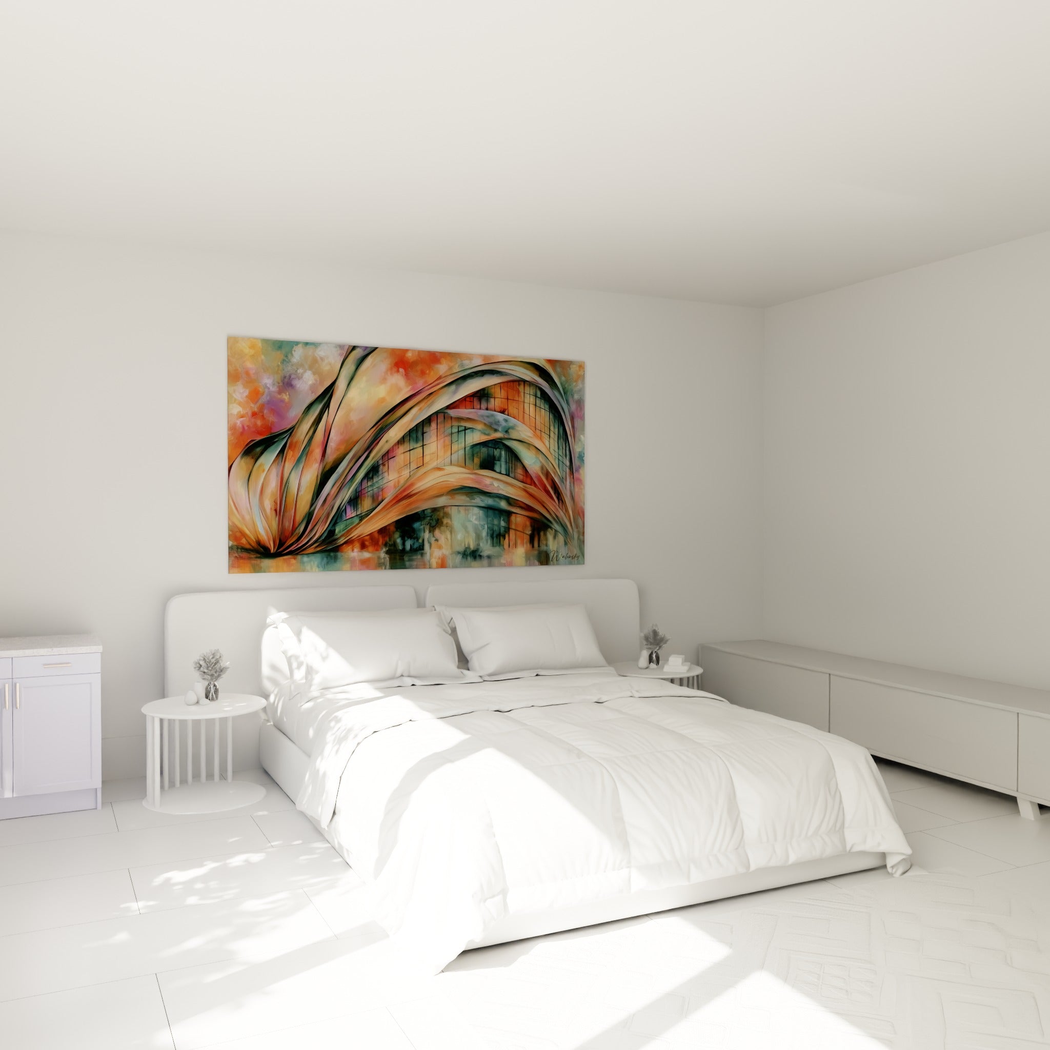 Courbes orangées et sarcelle de ce tableau architecture abstrait au-dessus d'un lit dans une chambre claire