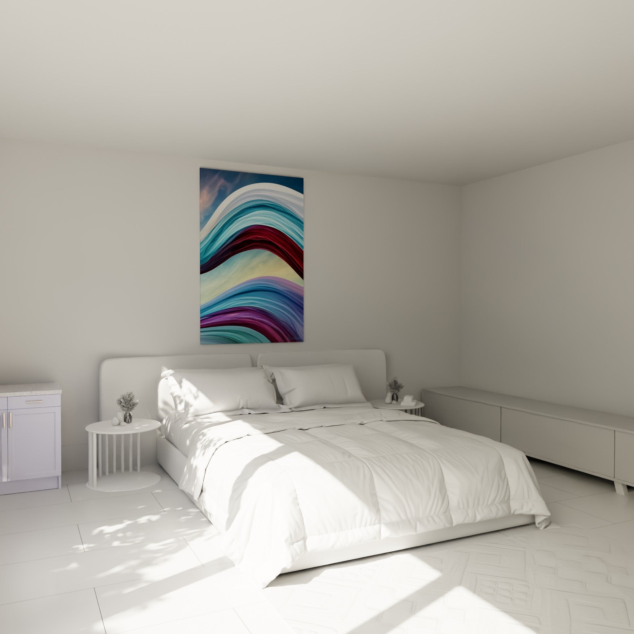 Courbes ondulantes bleu pastel et violet de ce tableau architecture abstrait au-dessus d'un lit dans une chambre claire