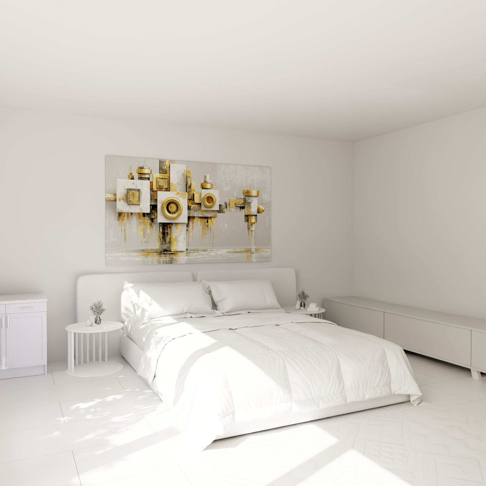 Anneaux dorés et blocs gris de cette architecture abstrait accrochés au-dessus d'un lit dans une chambre claire