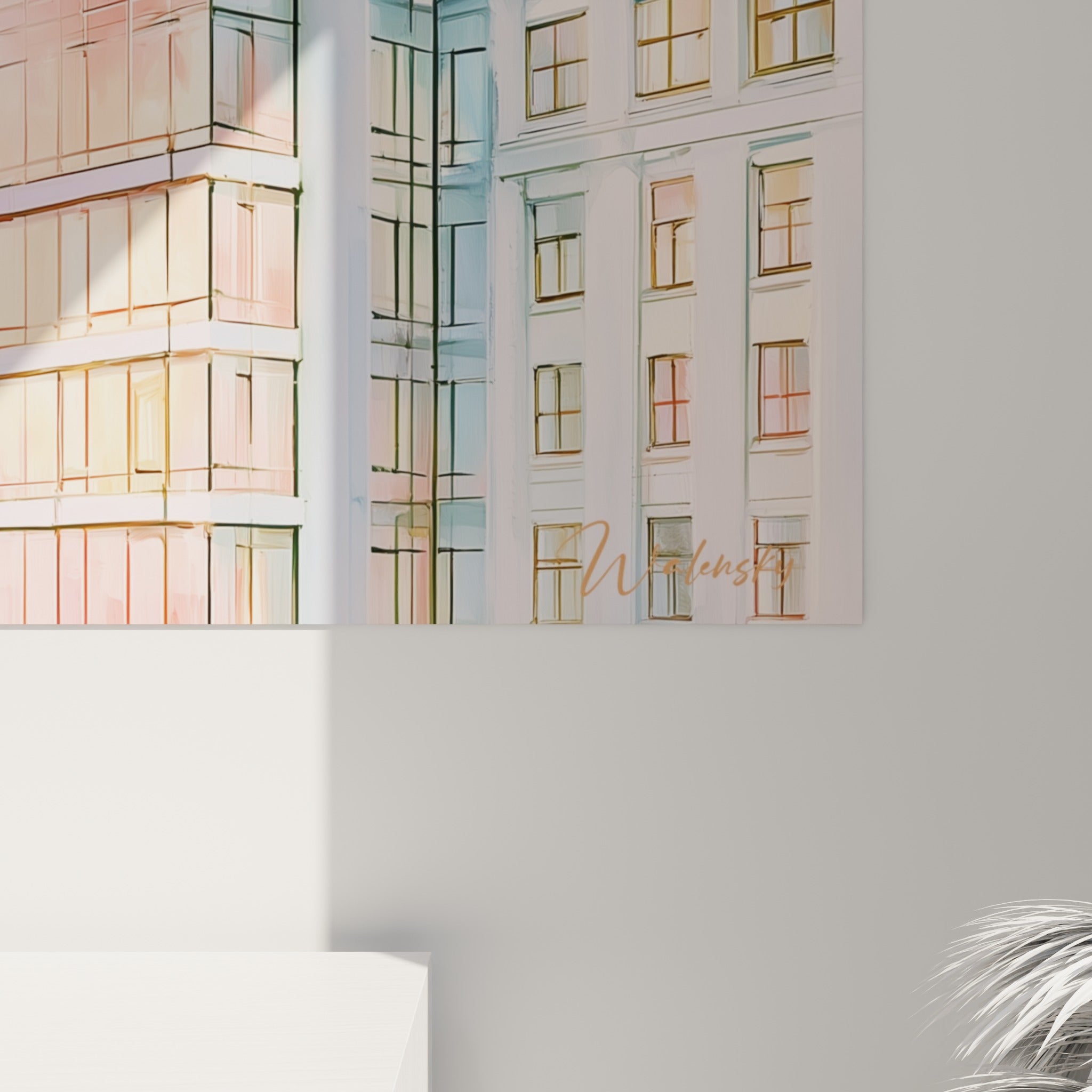 Détail des façades vitrées où le rose saumon et le bleu glacé se fondent en touches aquarelle