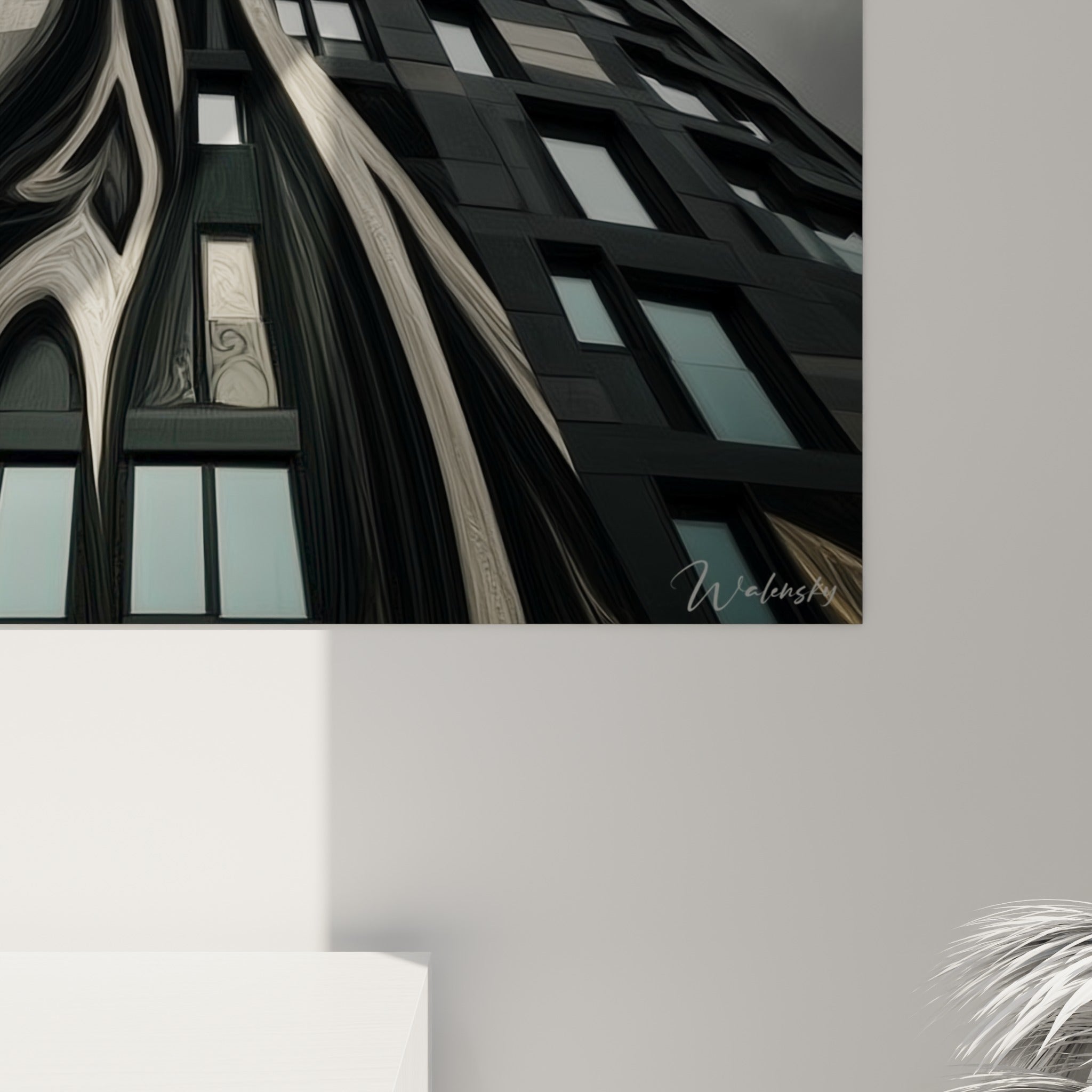 Détail des empâtements noir et ivoire sur la façade tourbillonnante de ce tableau architecture abstraite