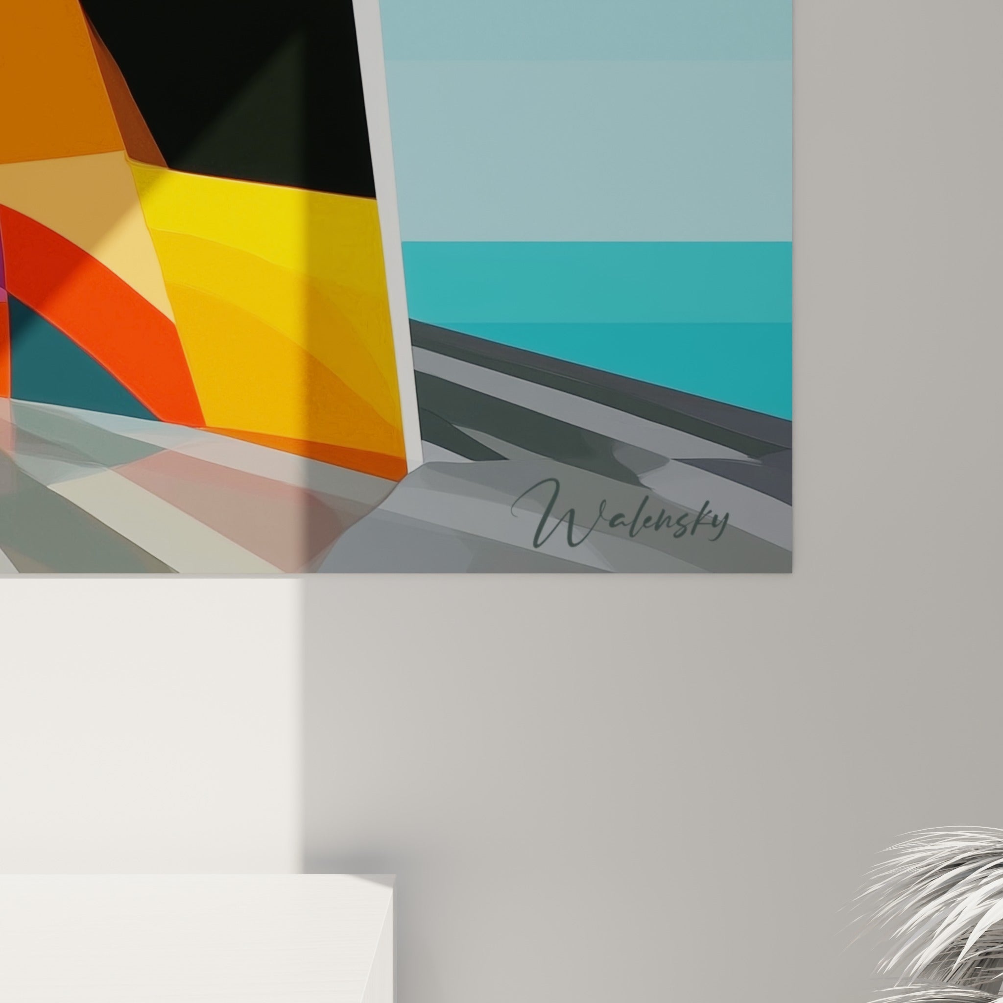 Détail des formes graphiques orange, roses et turquoise aux contours nets et à la texture lisse de l'impression