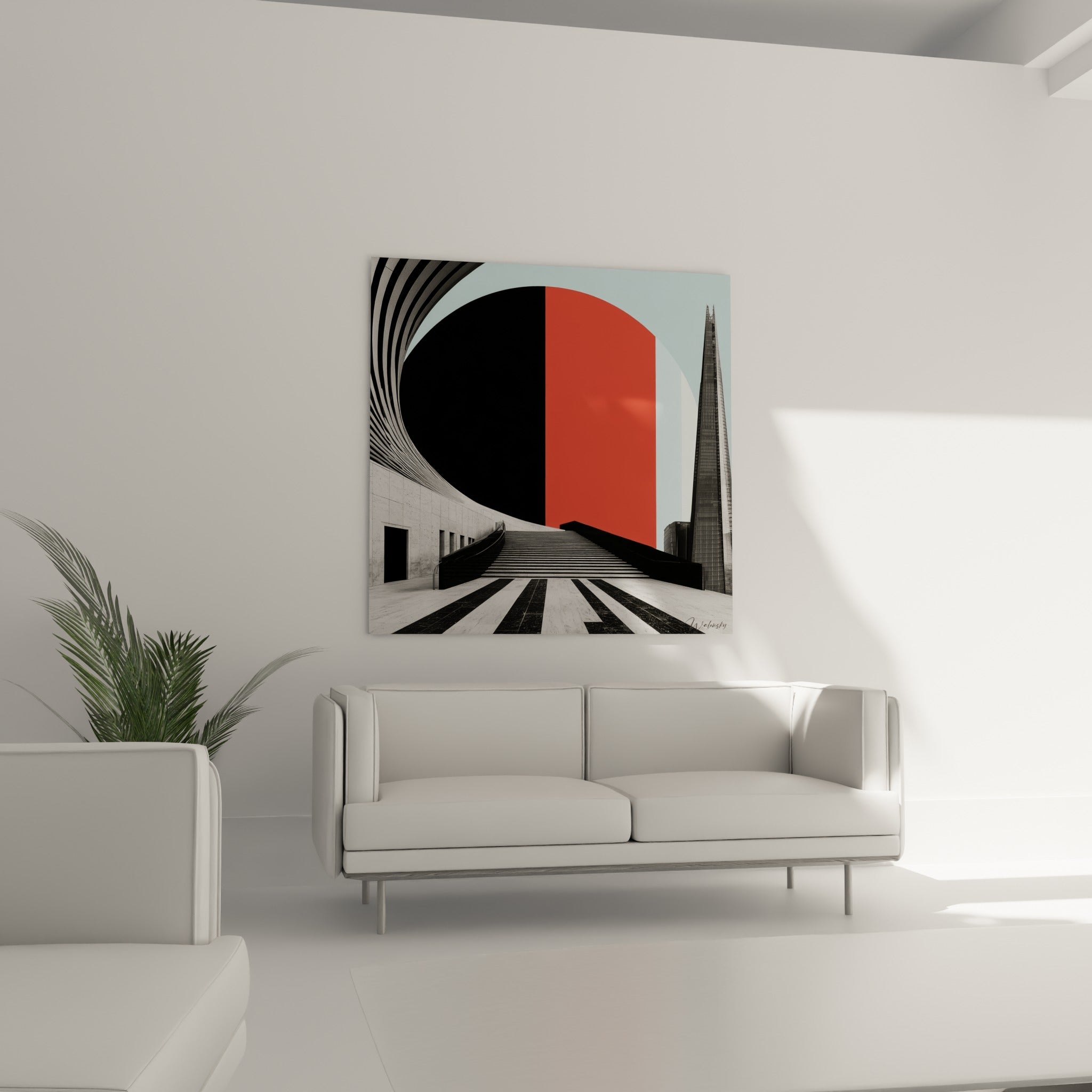 Architecture abstrait avec escalier anthracite et cercle rouge vif, au-dessus d'un canapé dans un salon lumineux