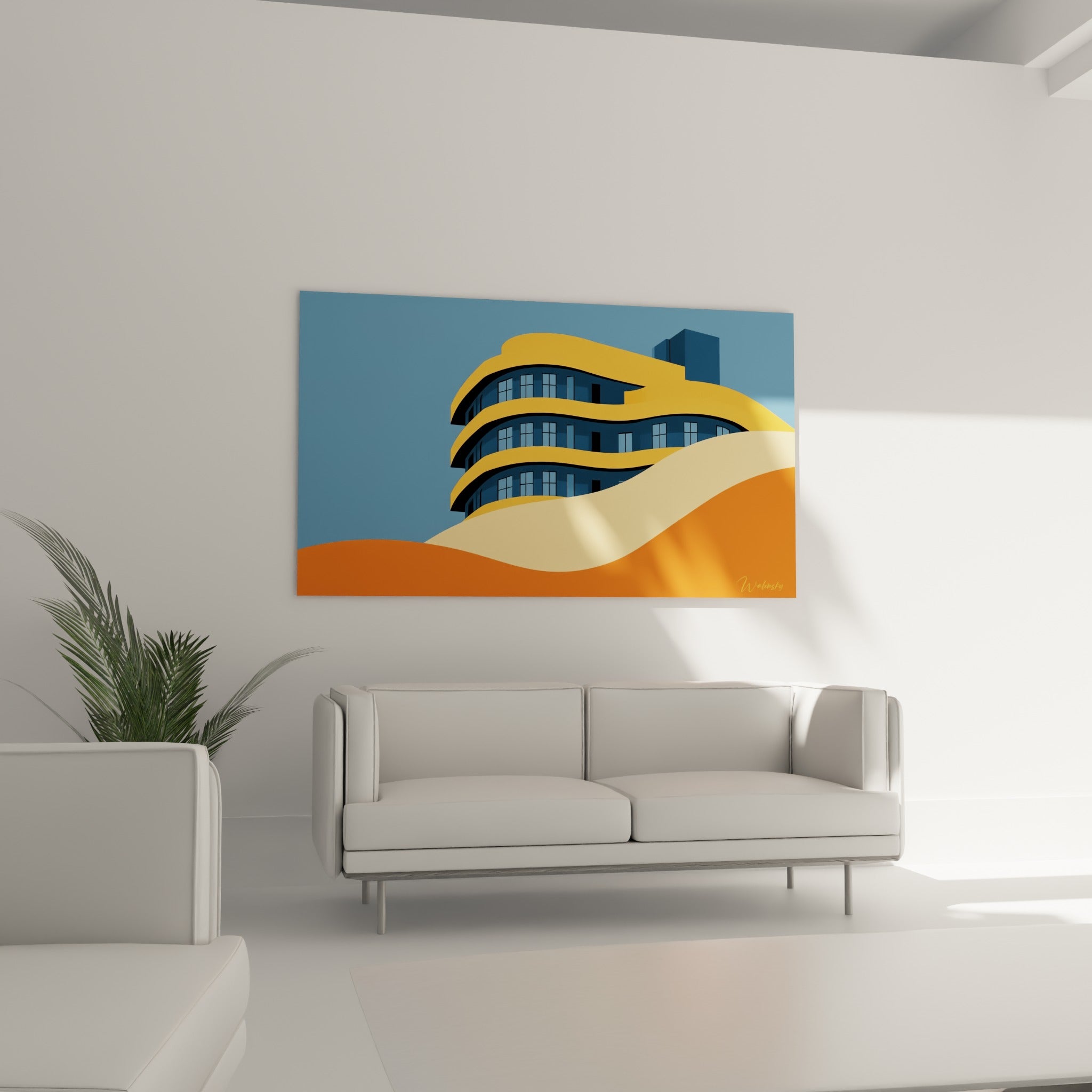 Bâtiment sinueux bleu ardoise et dunes orange, tableau architecture abstrait au-dessus d'un canapé dans un salon lumineux