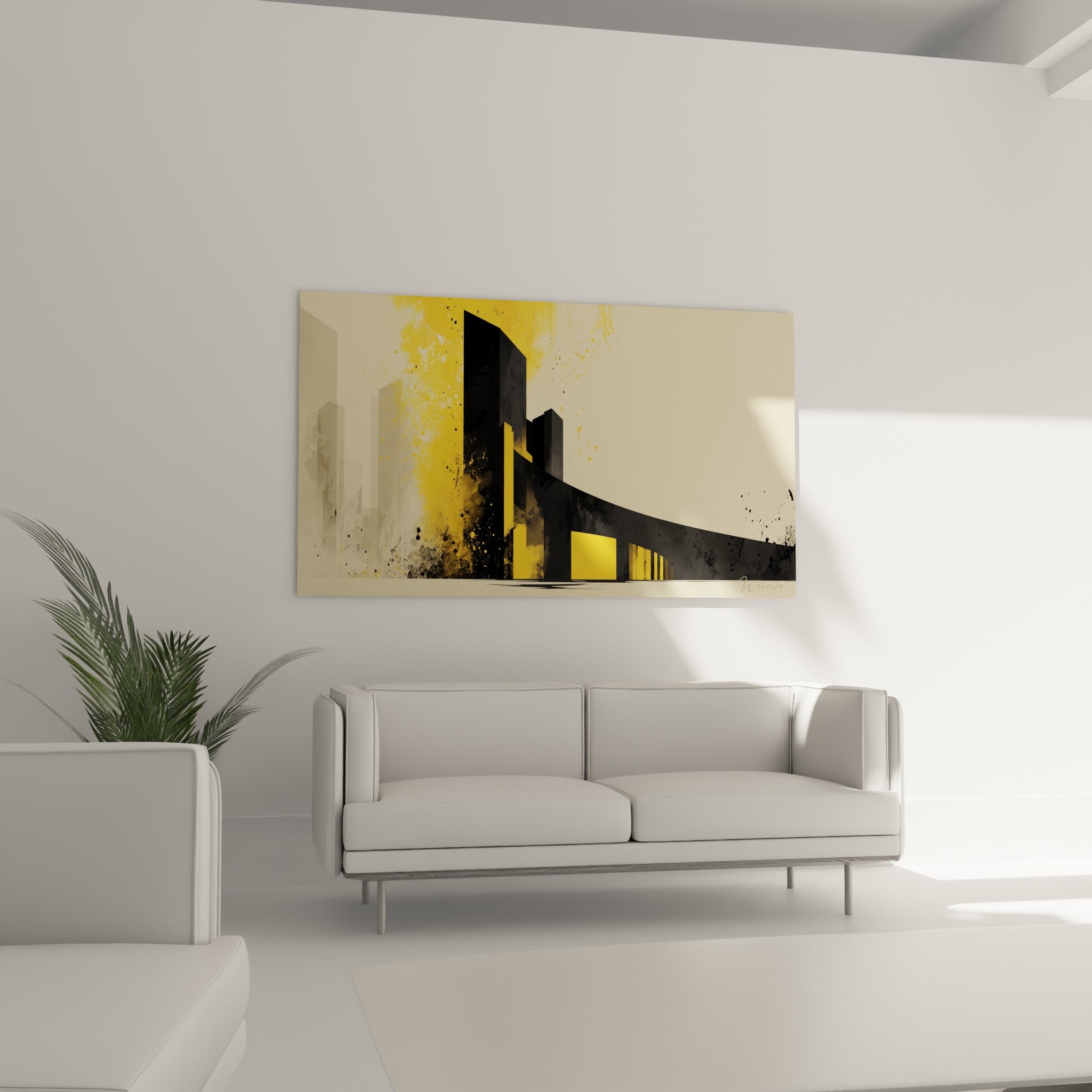 Silhouette urbaine noire et jaune d'architecture abstraite suspendue au-dessus d'un canapé dans un salon lumineux