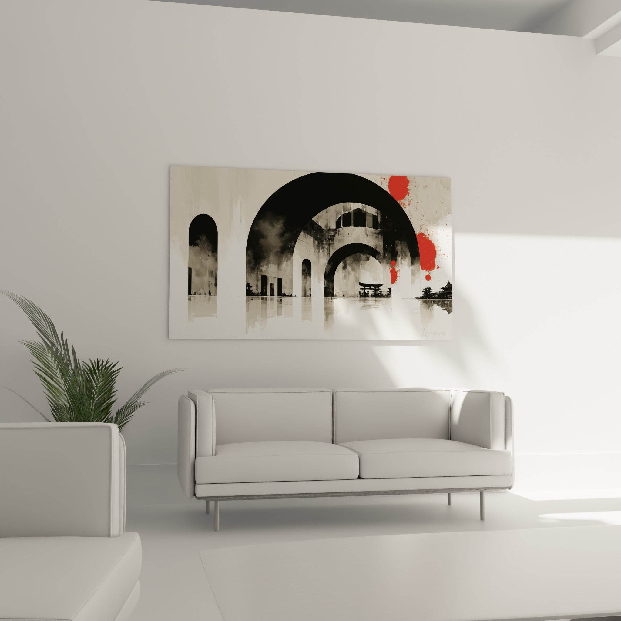 Silhouettes de pagodes noires et rouge vif du tableau architecture abstraite au-dessus d'un canapé dans un salon lumineux
