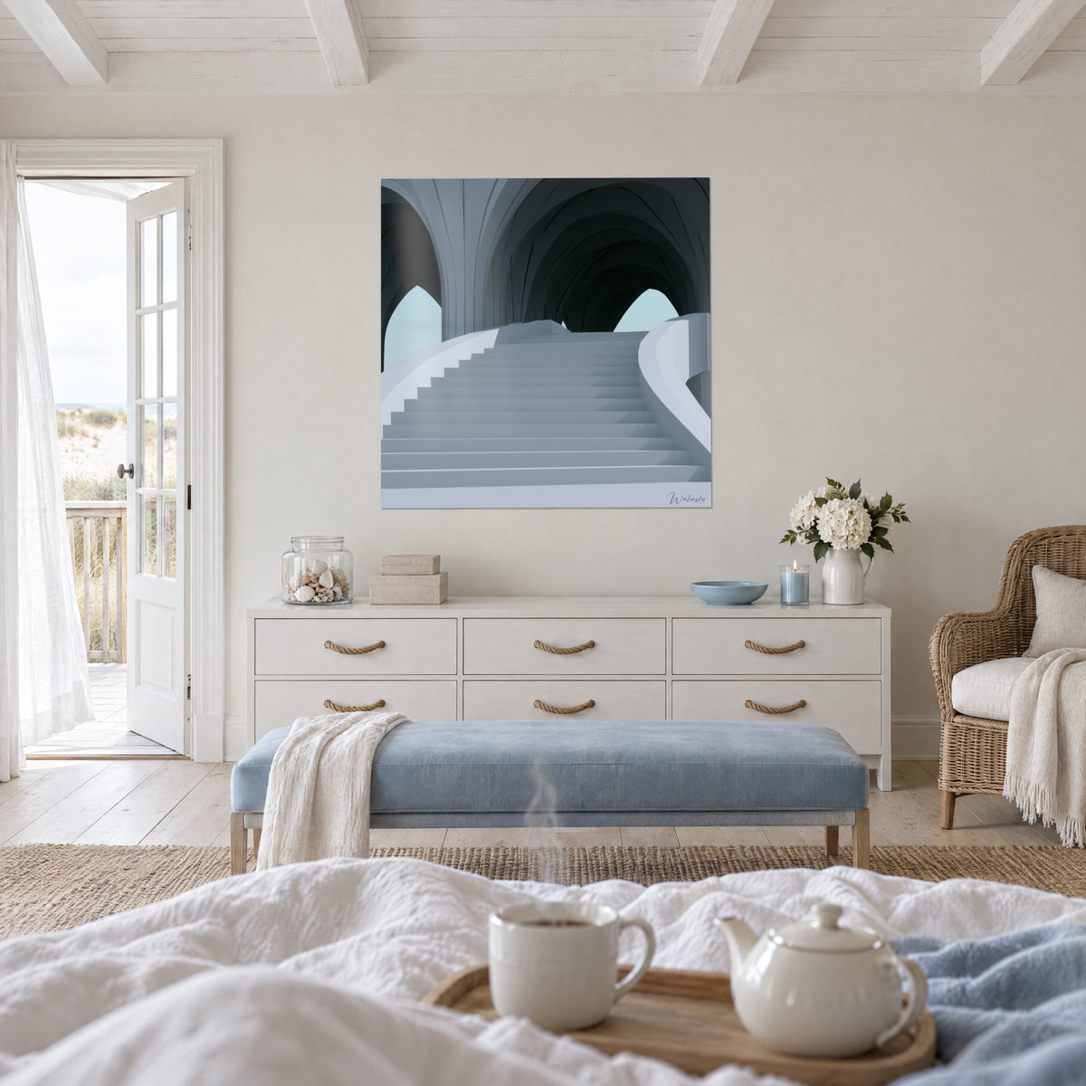 Tableau ascension silencieuse, marches gris pâle et arches anthracite sur ciel bleu glacé, au-dessus d'un lit dans une chambre claire