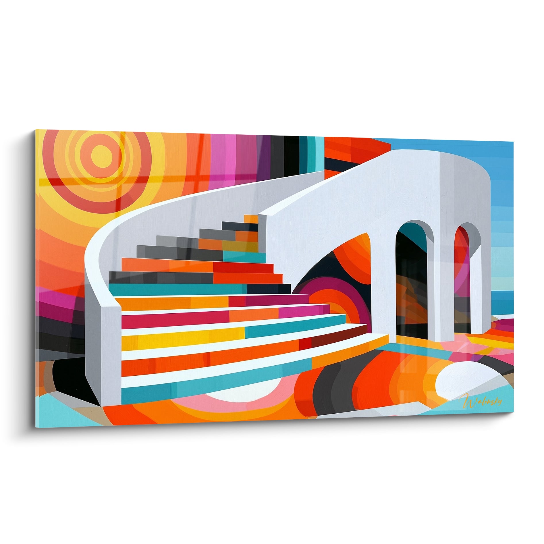 Escalier architecture abstraite blanc aux marches terracotta, turquoise et fuchsia sur fond solaire orange