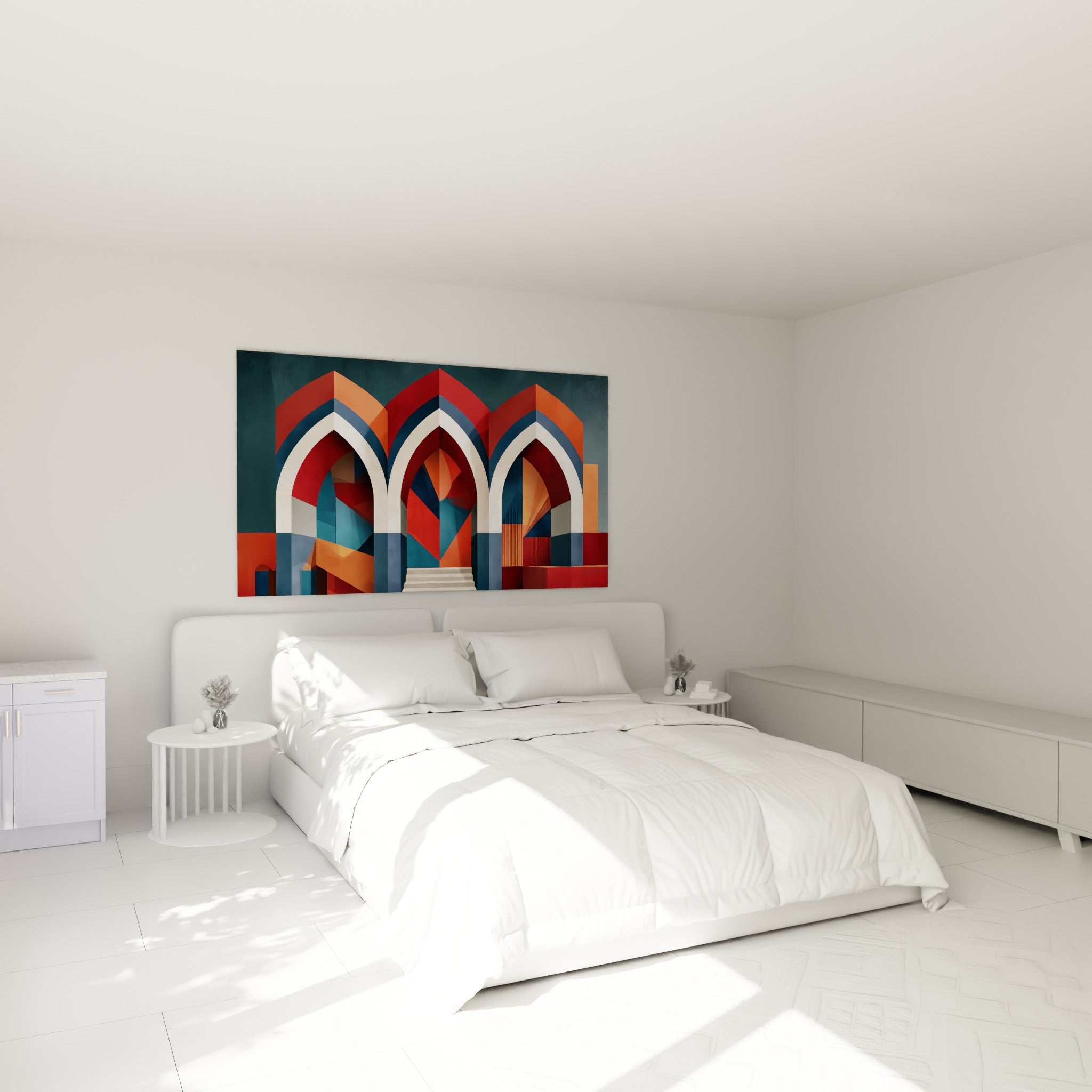 Arches terracotta et bleu marine de ce tableau architecture abstrait au-dessus d'un lit dans une chambre claire