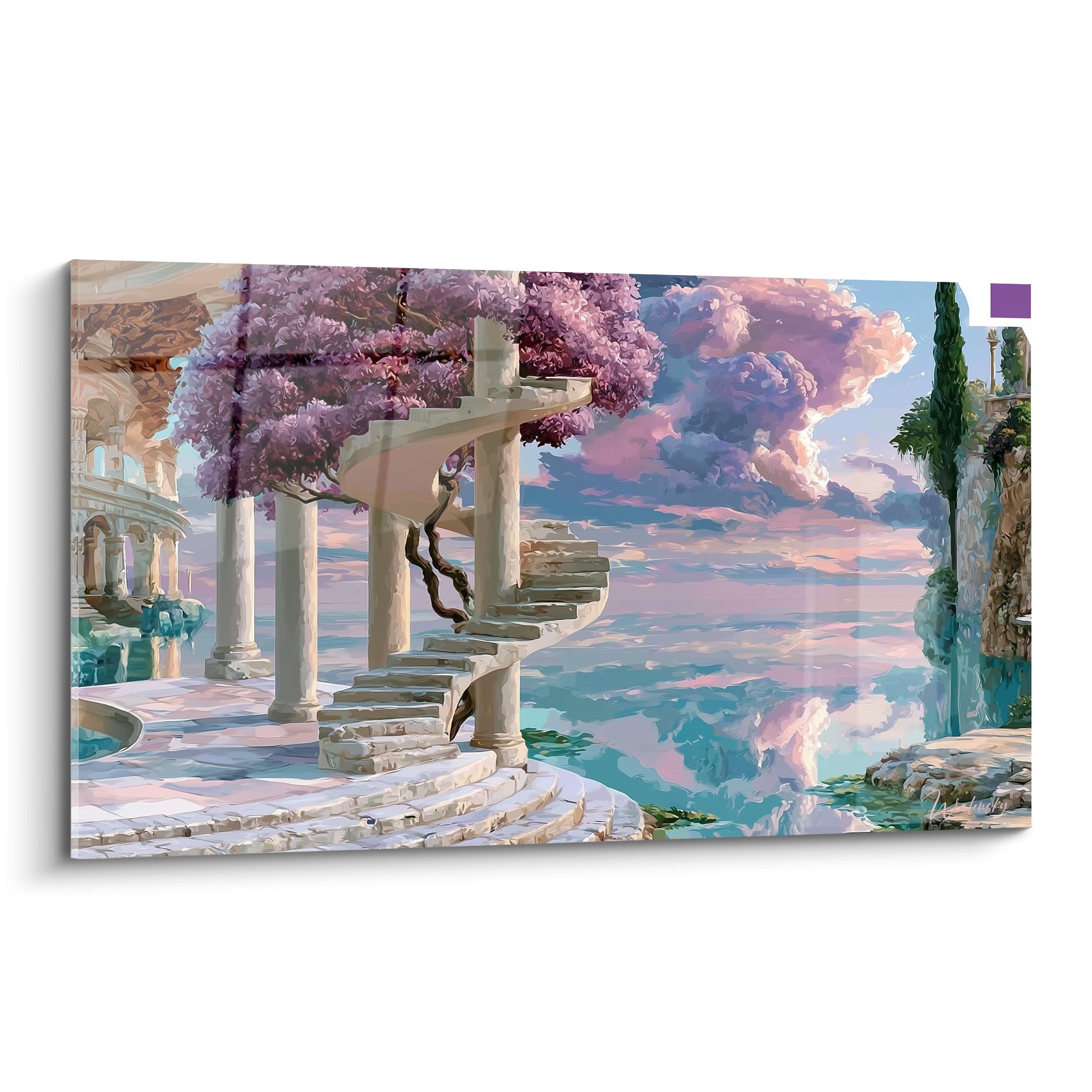 Escalier de pierre en colimaçon sous glycine mauve, ciel rose et mer turquoise en architecture abstrait