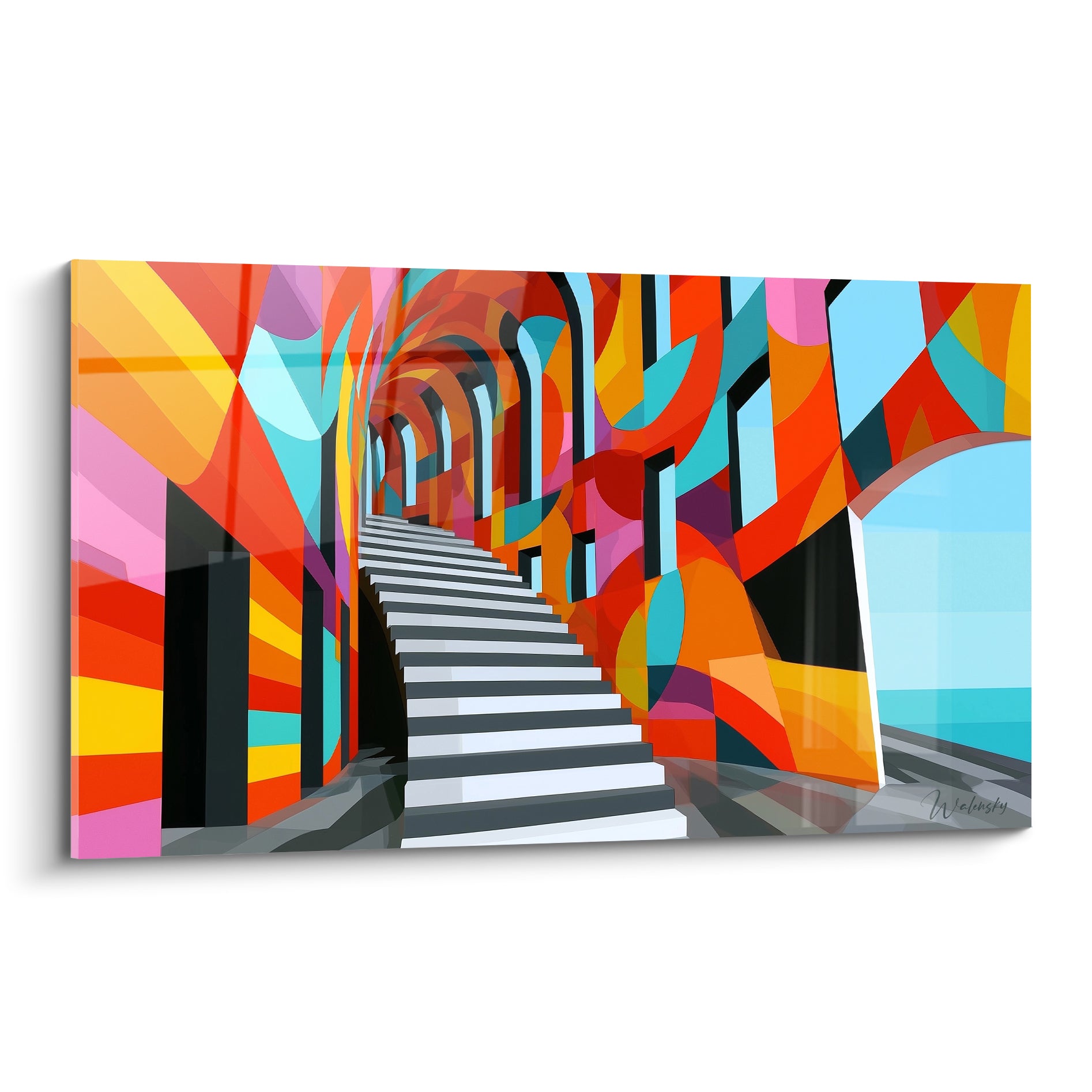Escalier gris et blanc s'élevant vers une ouverture turquoise entourée d'arches orange vibrantes