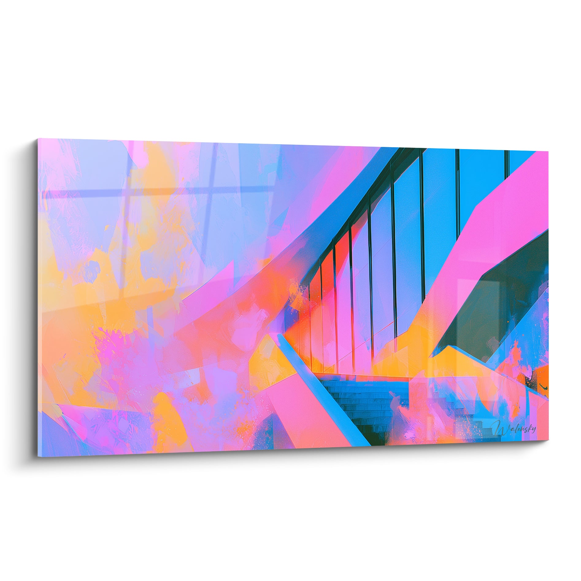 Escalier abstrait rose fuchsia et bleu électrique traversé de touches orangées vibrantes