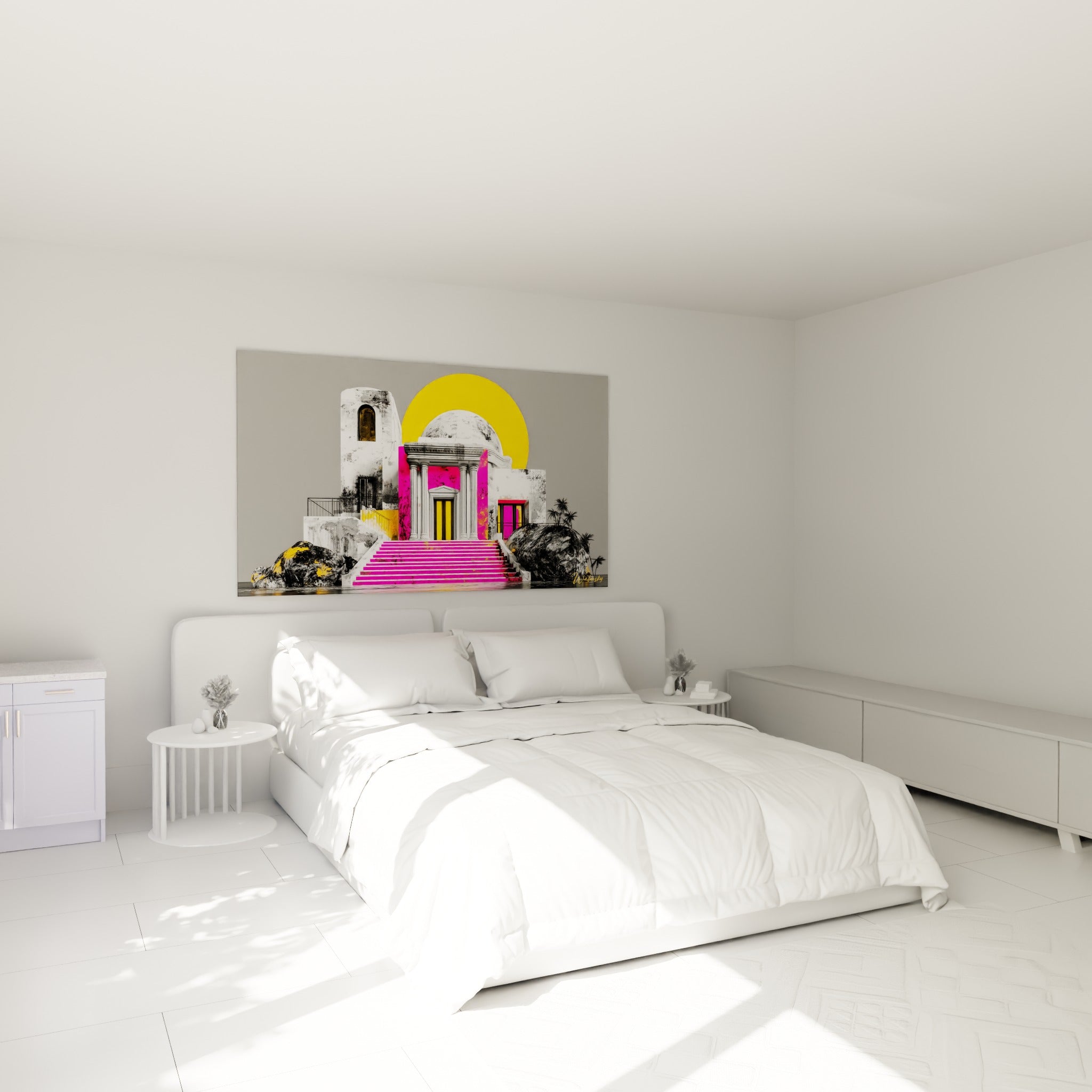 Ruines grises et escalier rose vif du tableau architecture abstraite, au-dessus d'un lit dans une chambre claire
