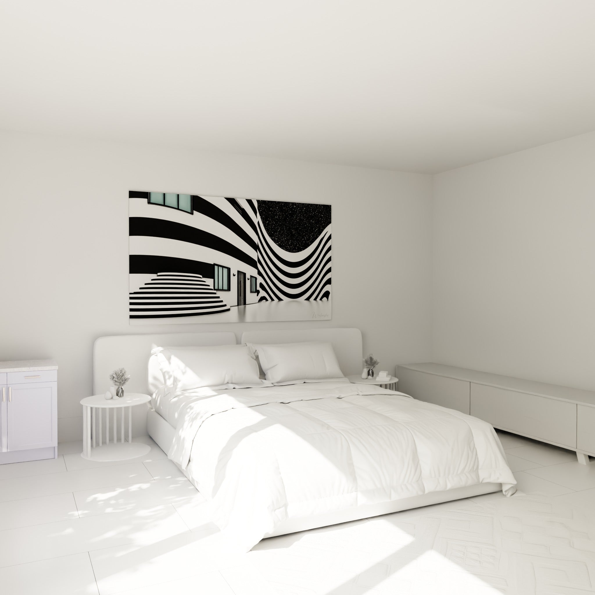 Vagues architecturales noires et blanches au-dessus d'un lit dans une chambre claire, tableau architecture abstrait