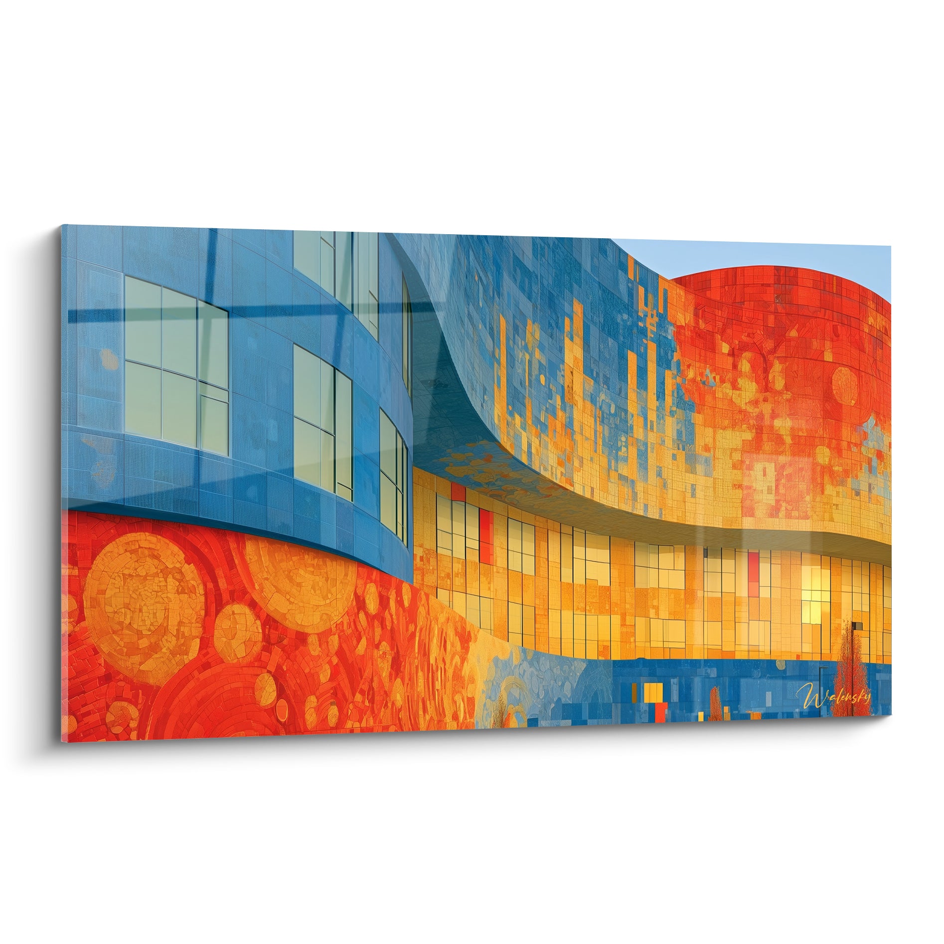 Façade architecturale abstraite bleu marine et orange fauve, courbes vitrées et mosaïque colorée