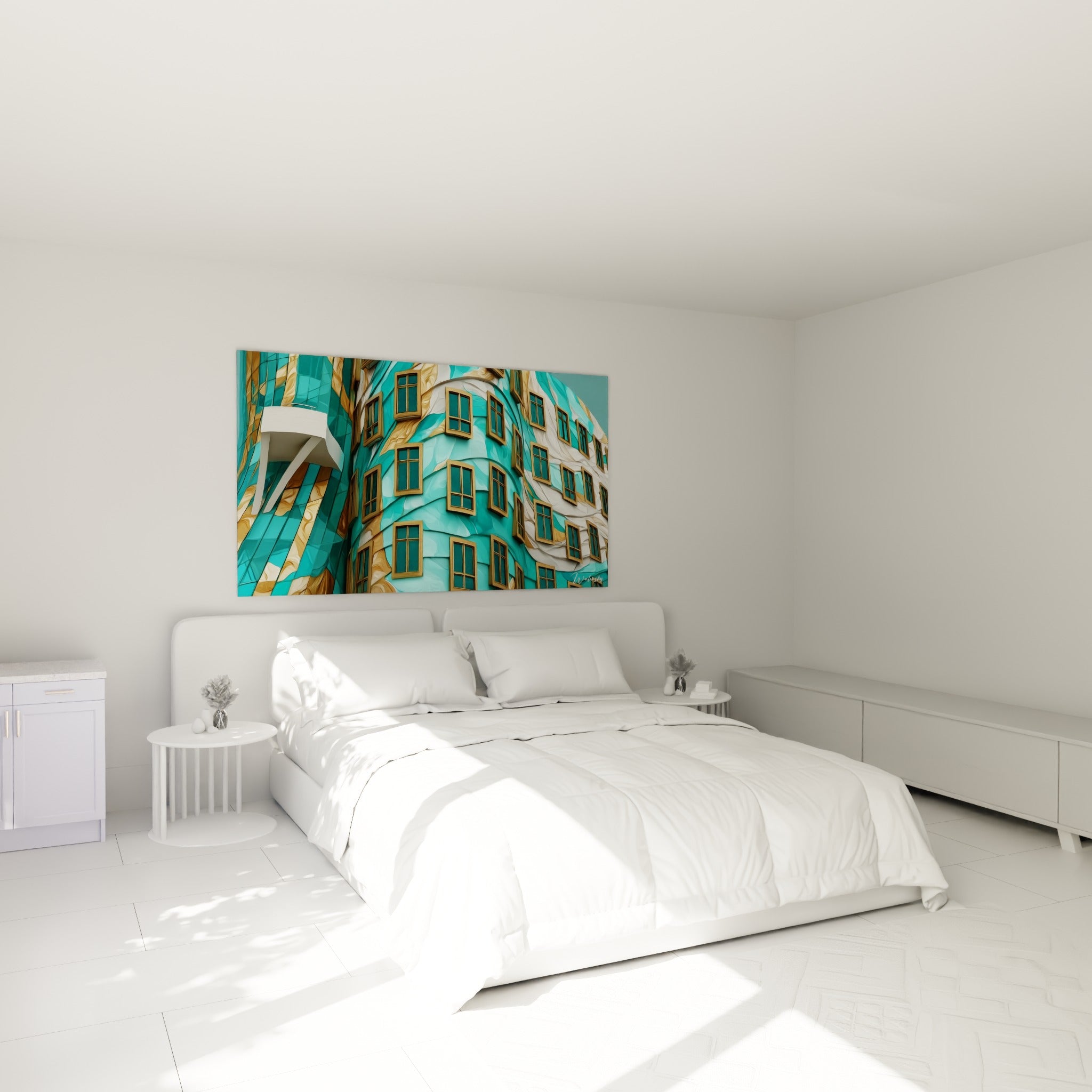 Courbes turquoise et reflets dorés d'une architecture abstraite au-dessus d'un lit dans une chambre claire