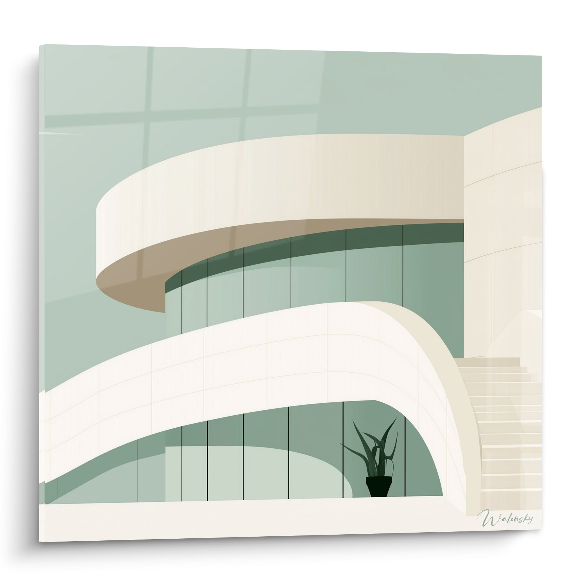 Bâtiment courbe crème et vert sauge, façade ondulée avec escalier et plante en pot dans un angle