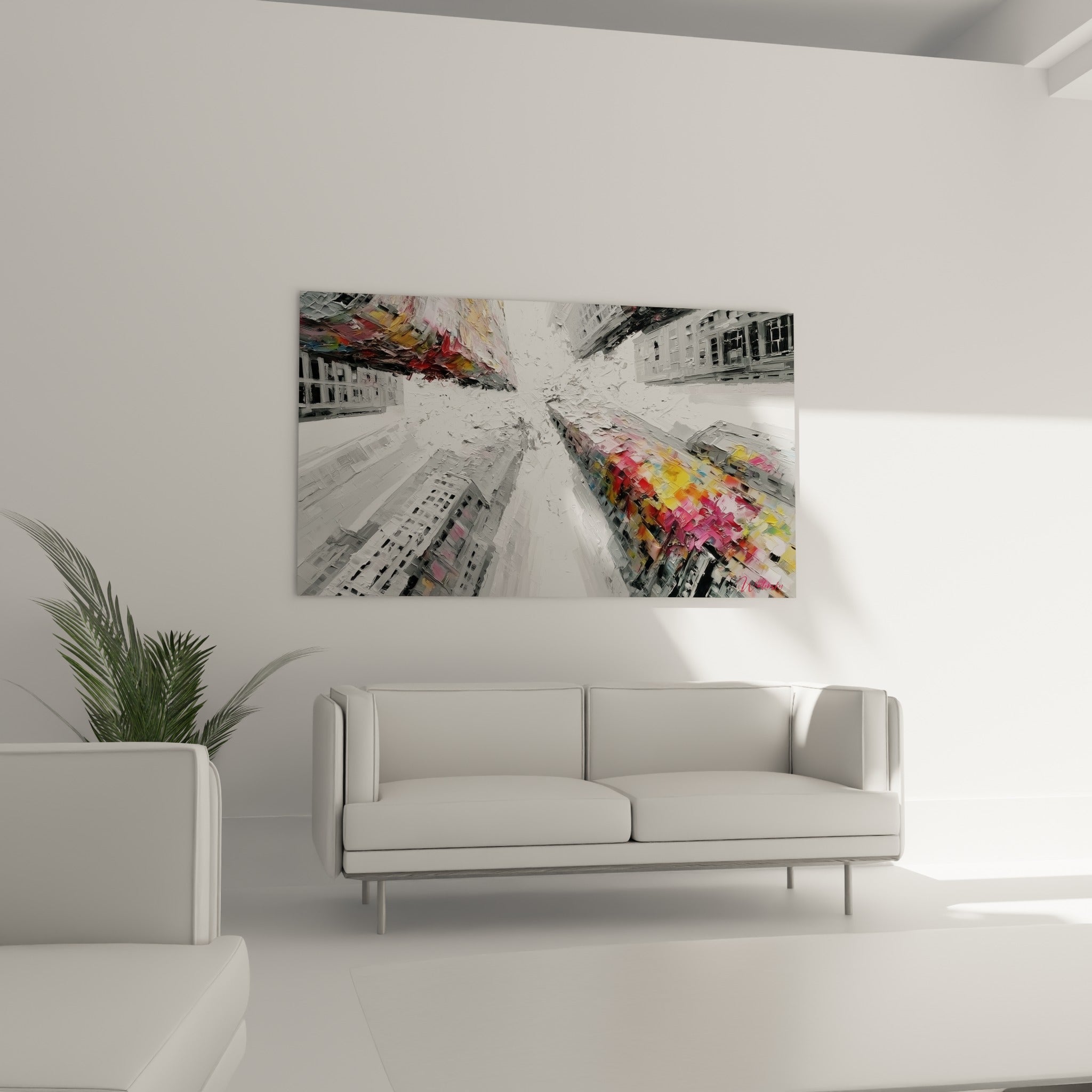 Immeubles gris et façade dorée rose en contre-plongée, disposés au-dessus d'un canapé dans un salon lumineux
