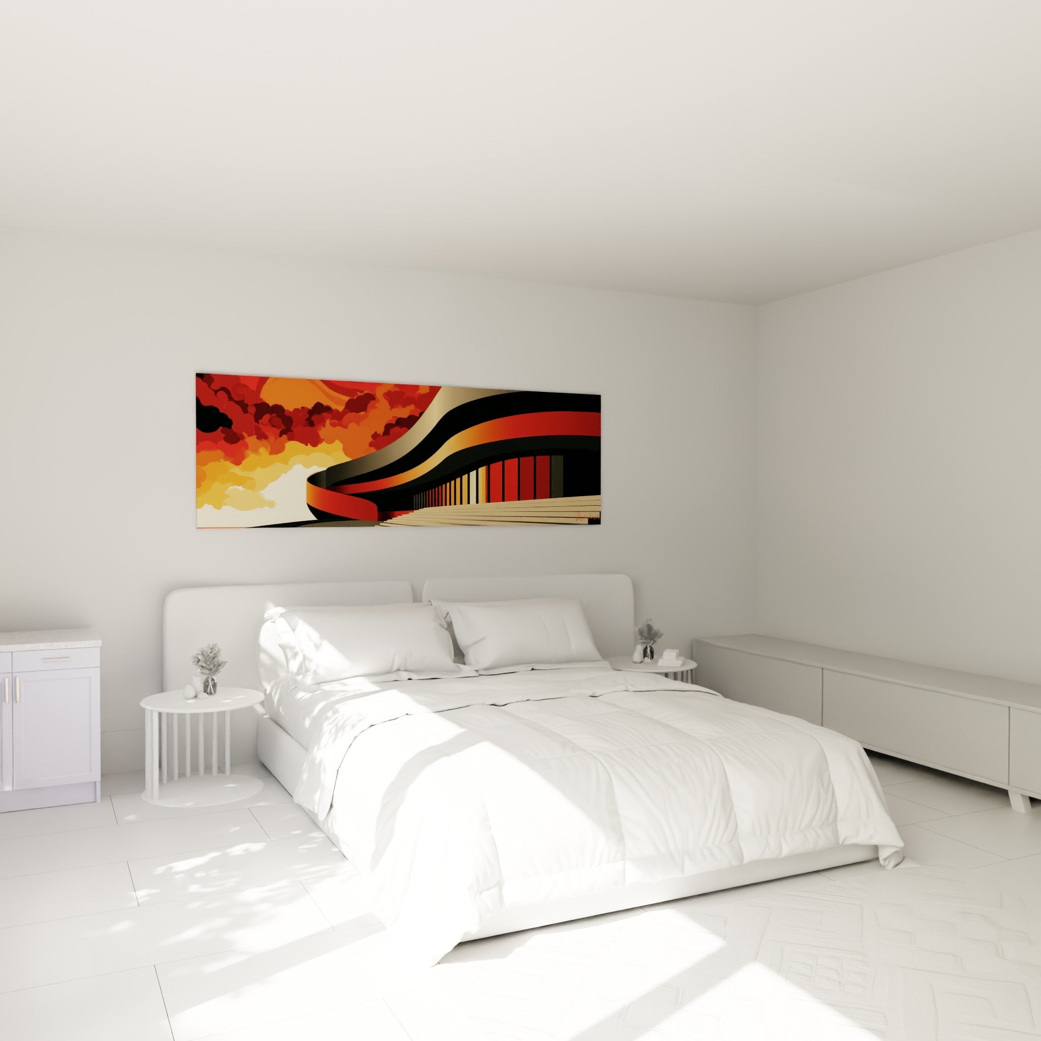 Structure courbe rouge et noire d'architecture abstrait au-dessus d'un lit dans une chambre claire