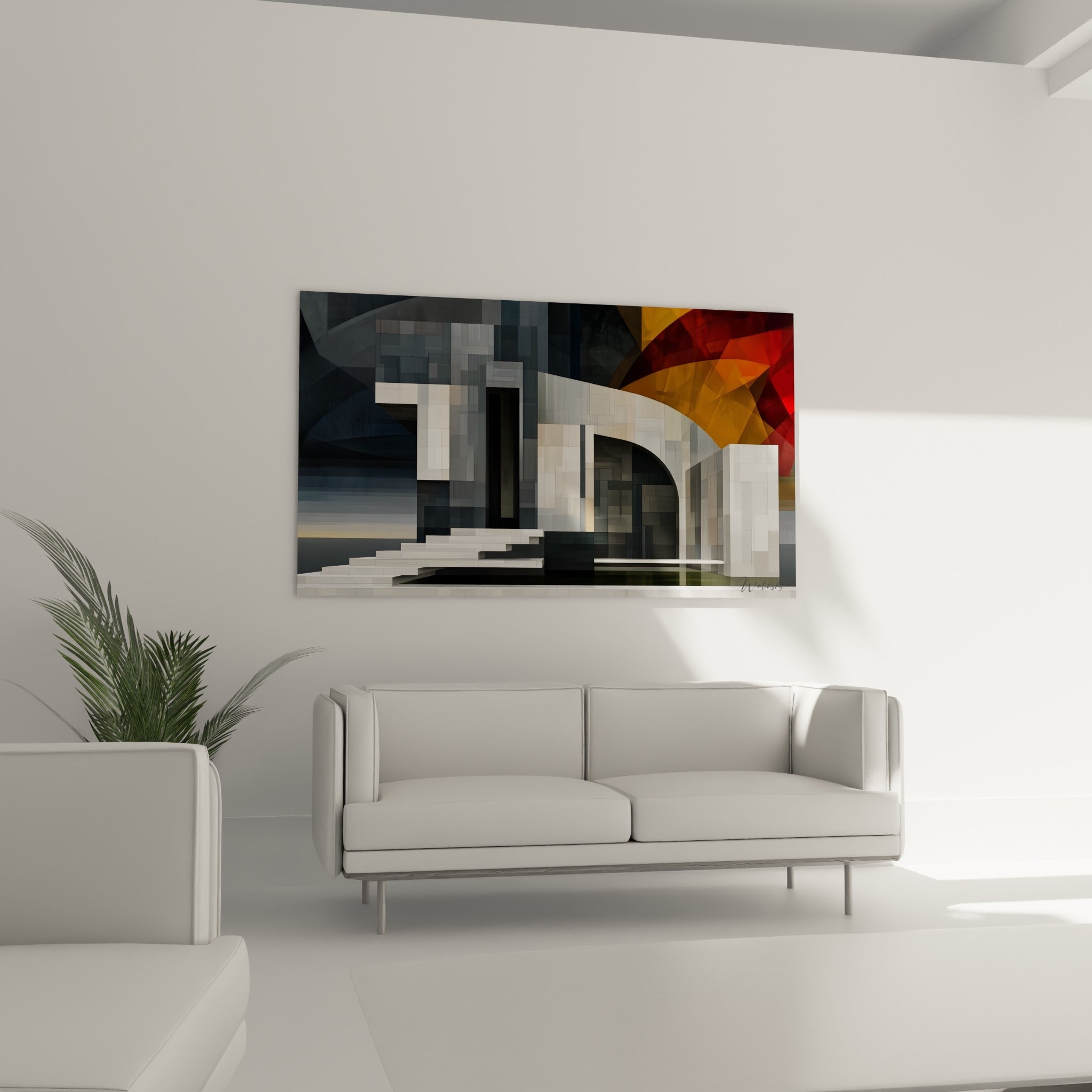 Édifice abstrait gris et ocre, arche et volumes empilés, au-dessus d'un canapé dans un salon lumineux