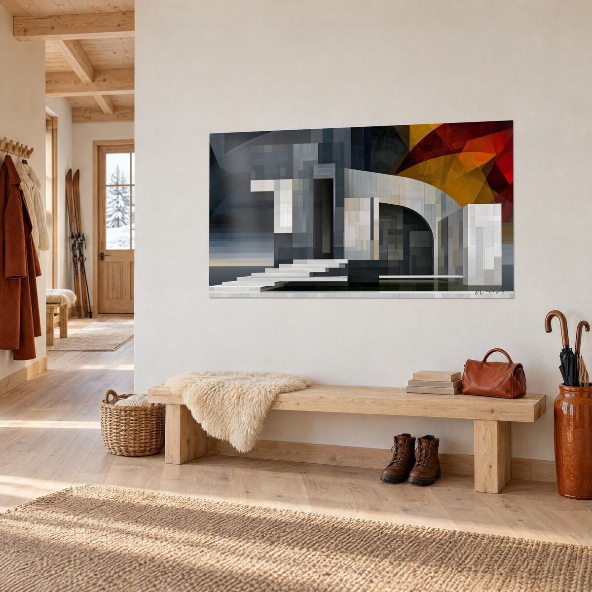 Quadro edificio brutalista con facciate grigie e bianche, scalinata chiara e cielo ambra e rosso, su una parete da chalet