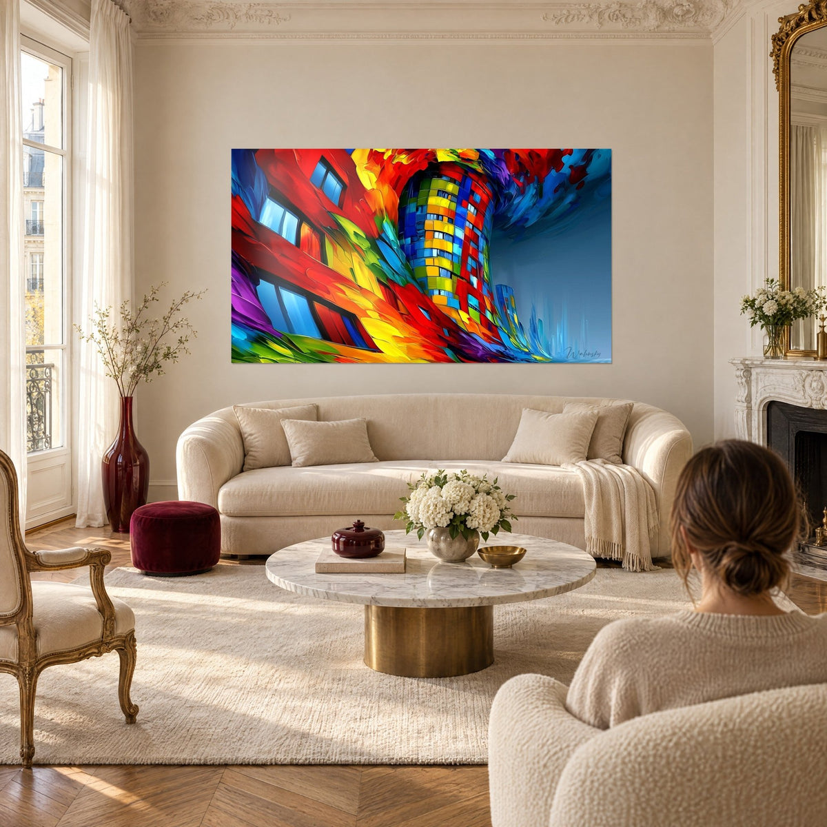 Tableau gratte-ciel tordu en tourbillon rouge vif et jaune éclatant, coups de couleurs épais, au-dessus d'un canapé dans un salon lumineux