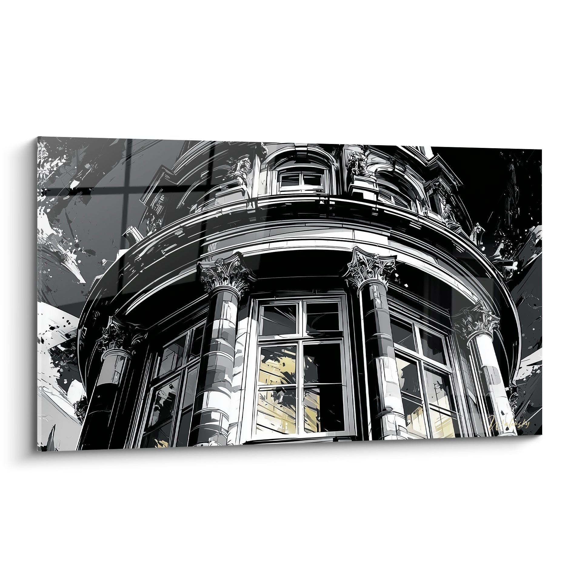 Façade haussmannienne en noir et blanc aux colonnes sculptées et reflets dorés, style architecture abstraite