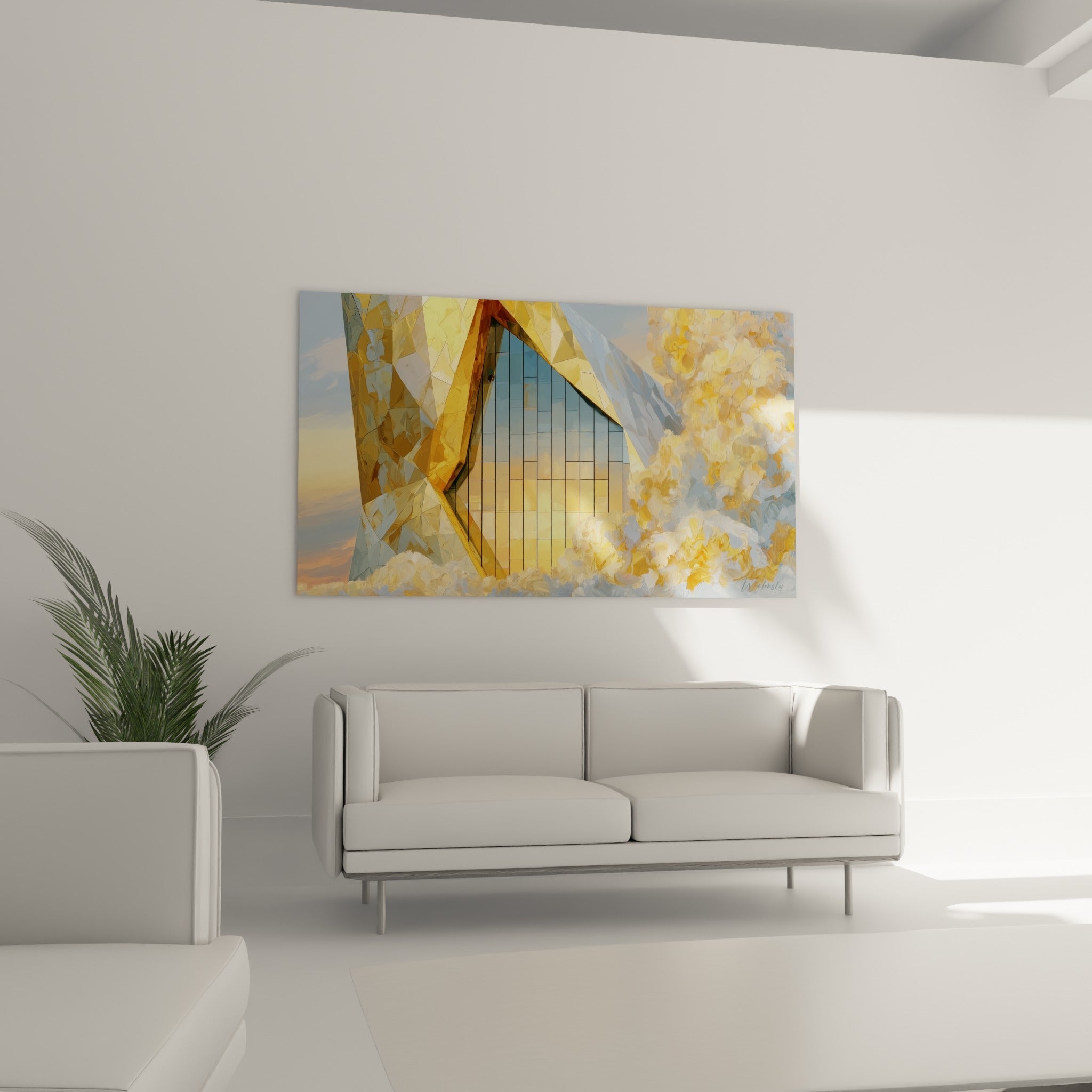 Façade architecturale ocre et bleu ciel, disposée au-dessus d'un canapé dans un salon lumineux