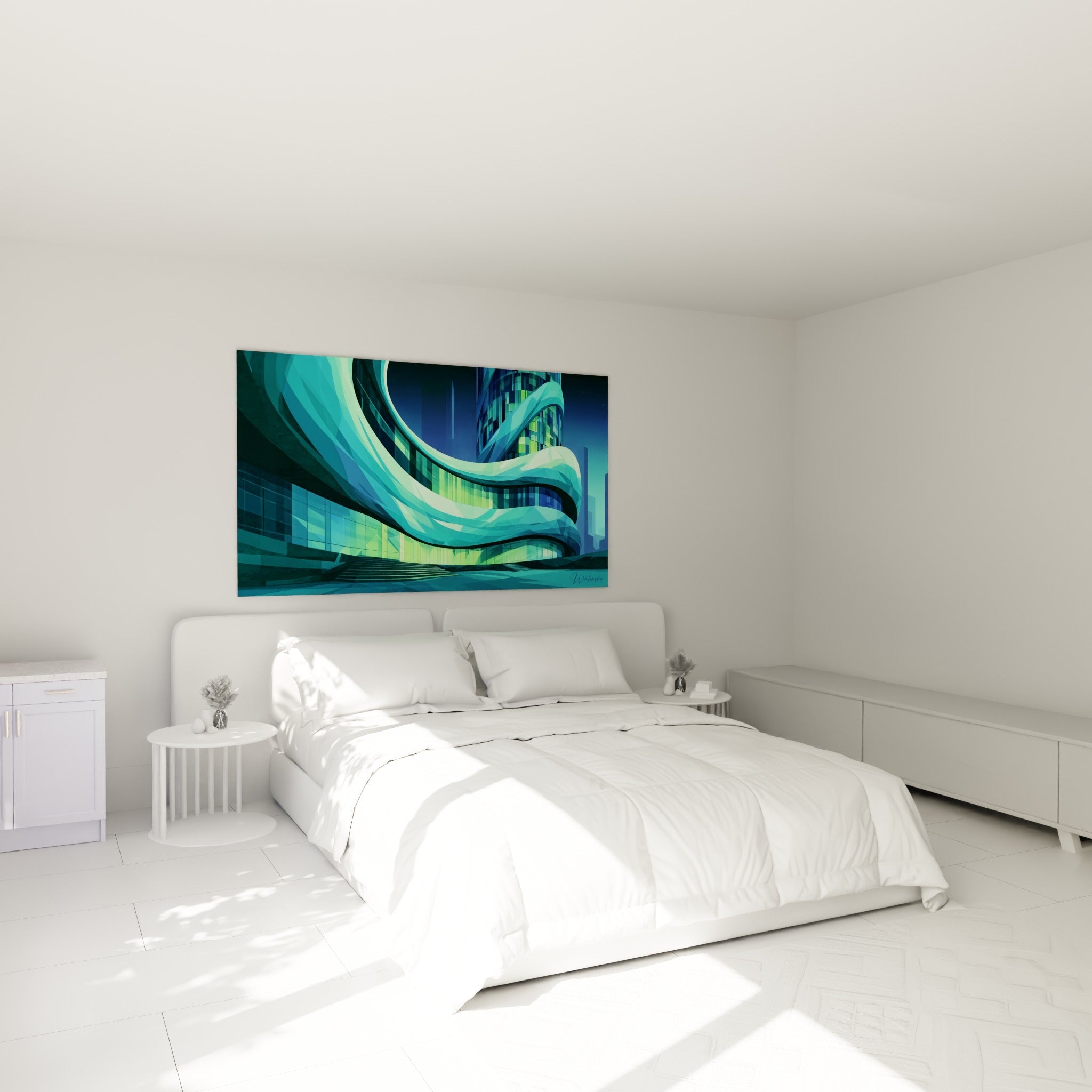 Tour ondulante vert émeraude et turquoise, accrochée au-dessus d'un lit dans une chambre claire