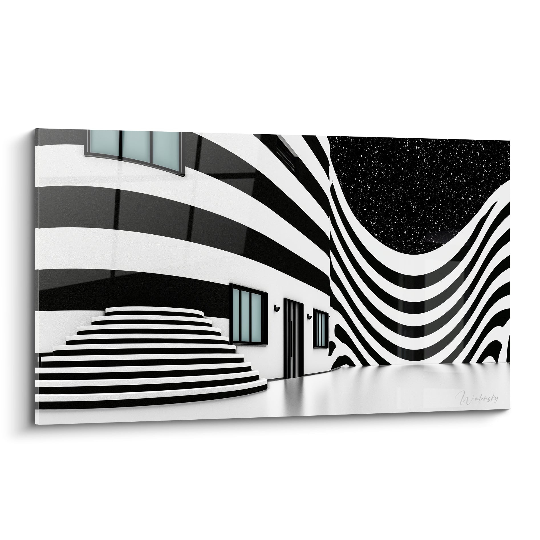 Façade ondulante noire et blanche avec escalier circulaire et ciel étoilé, tableau architecture abstrait