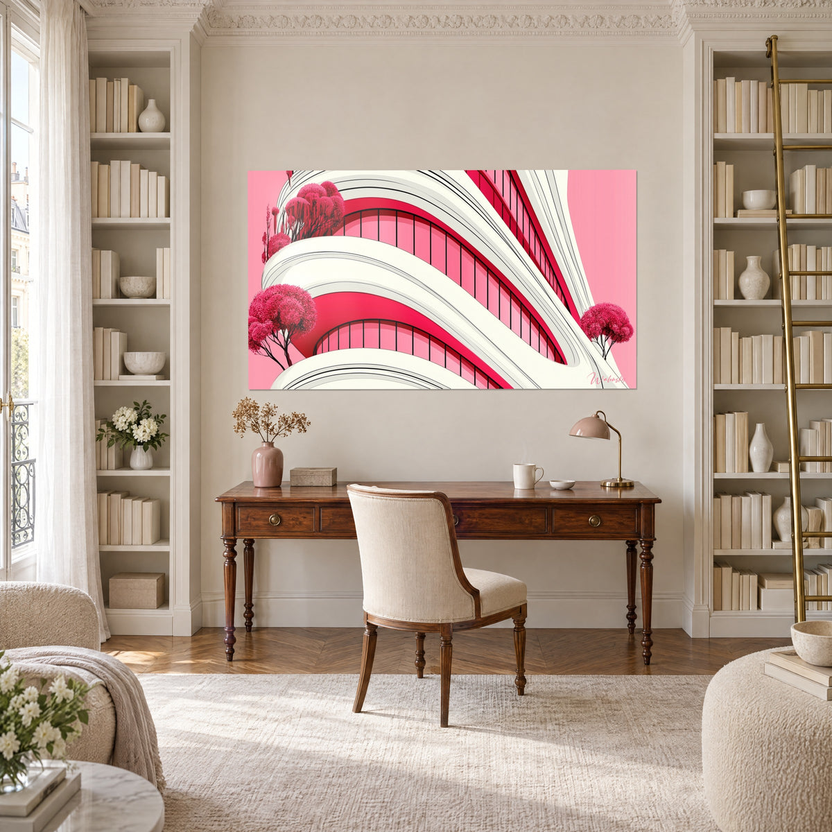 Tableau bâtiment aux balcons arrondis ivoire et magenta, ciel rose tendre, bureau en bois et bibliothèques blanches