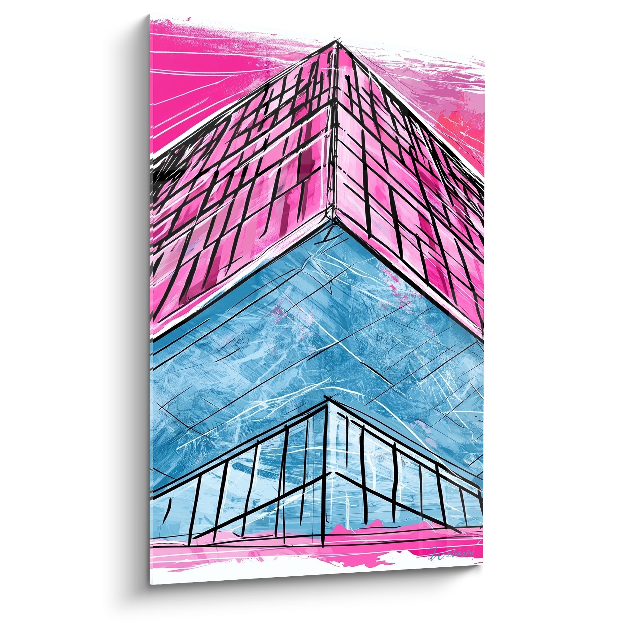 Façade en gratte-ciel rose fuchsia et bleu pétrole aux lignes croisées, style architecture abstrait