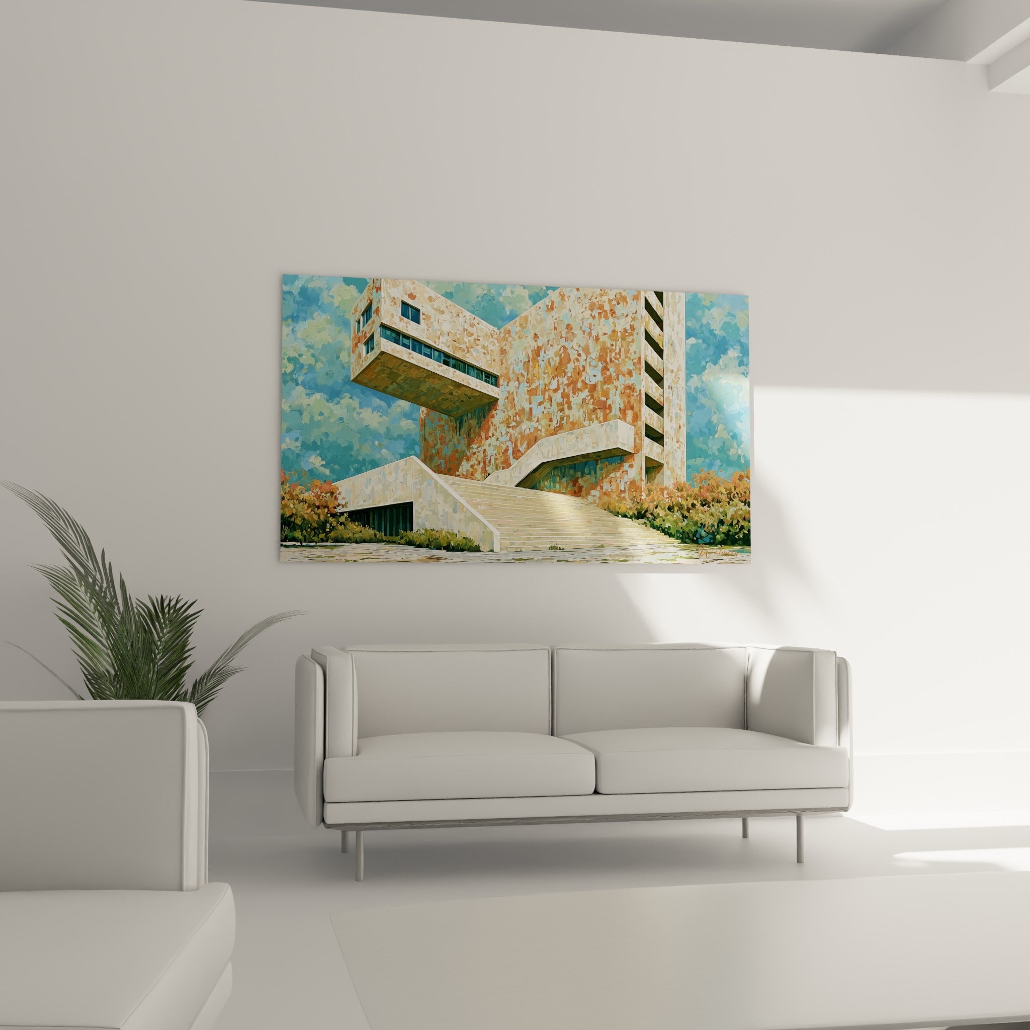 Édifice brutaliste bleu pastel et terracotta, tableau architecture abstrait au-dessus d'un canapé dans un salon lumineux