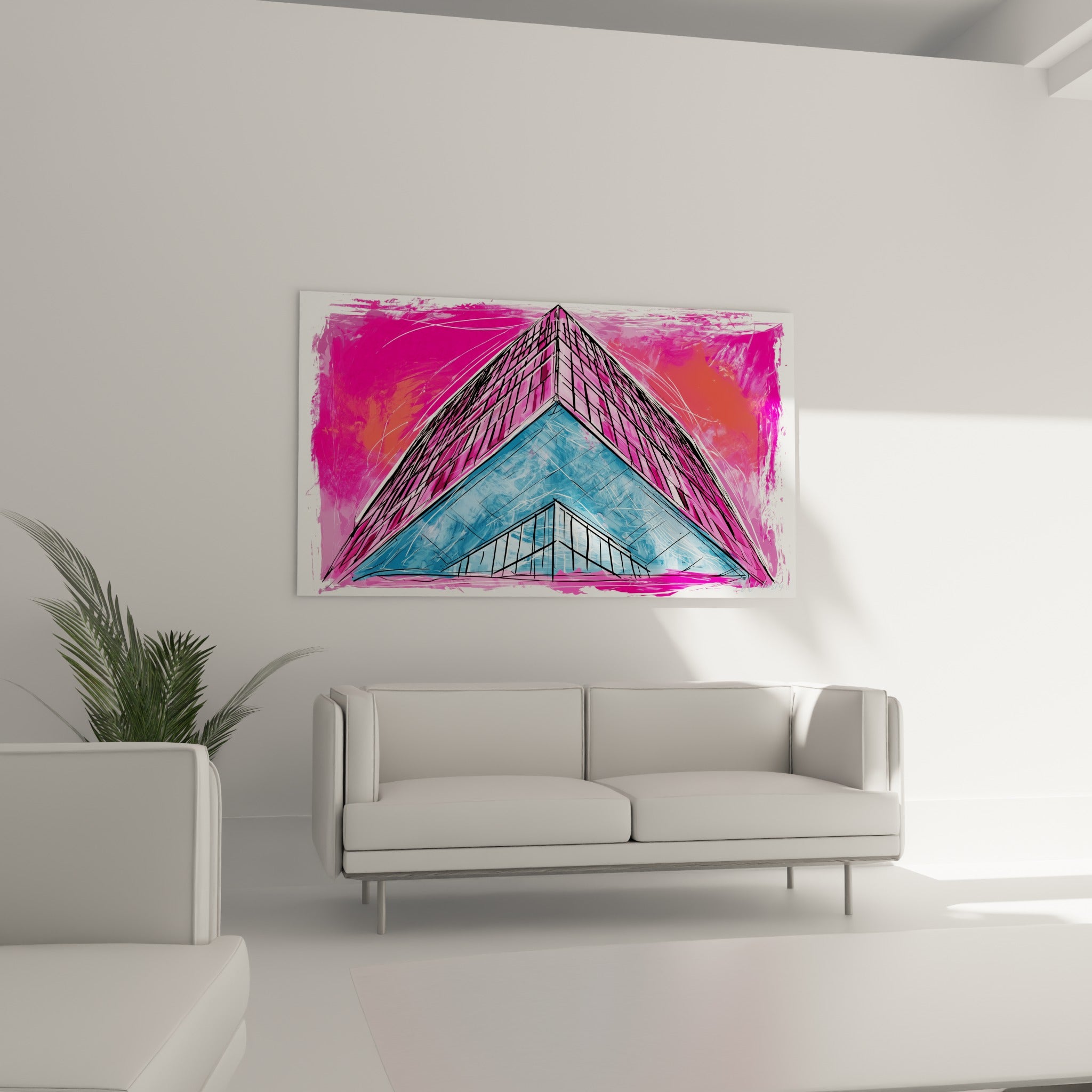 Façade urbaine rose et bleue de ce tableau architecture abstrait, suspendue au-dessus d'un canapé dans un salon lumineux