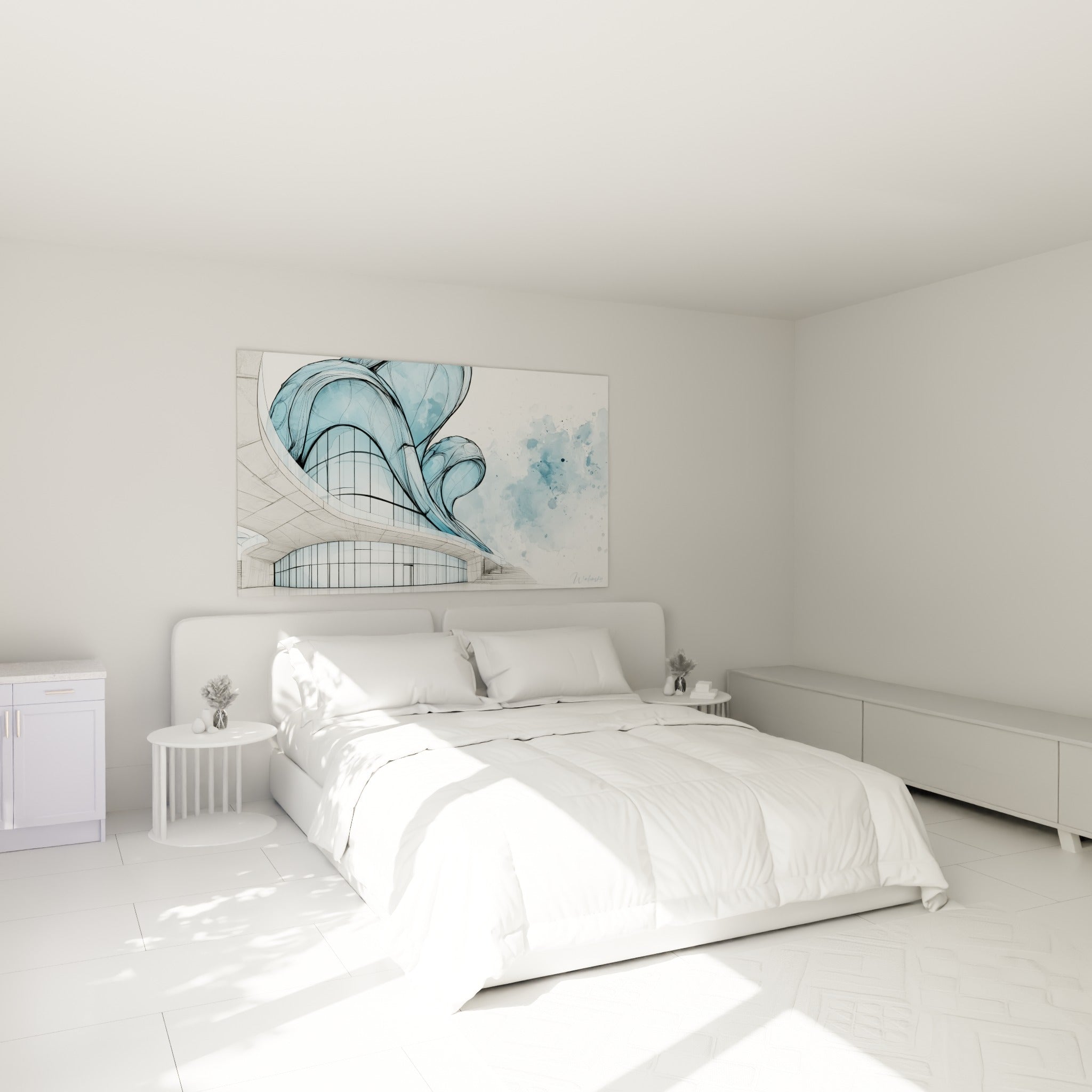 Structure architecturale bleu pastel et anthracite déployée au-dessus d'un lit dans une chambre claire