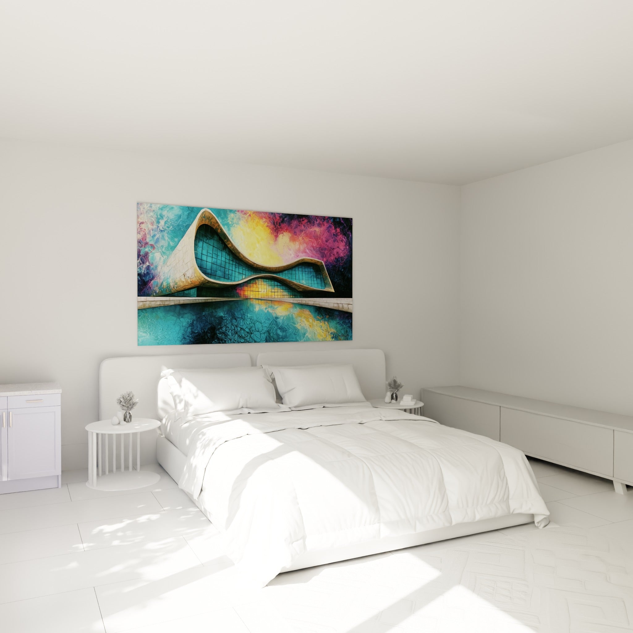 Structure architecturale turquoise et jaune doré, tableau architecture abstrait au-dessus d'un lit dans une chambre claire